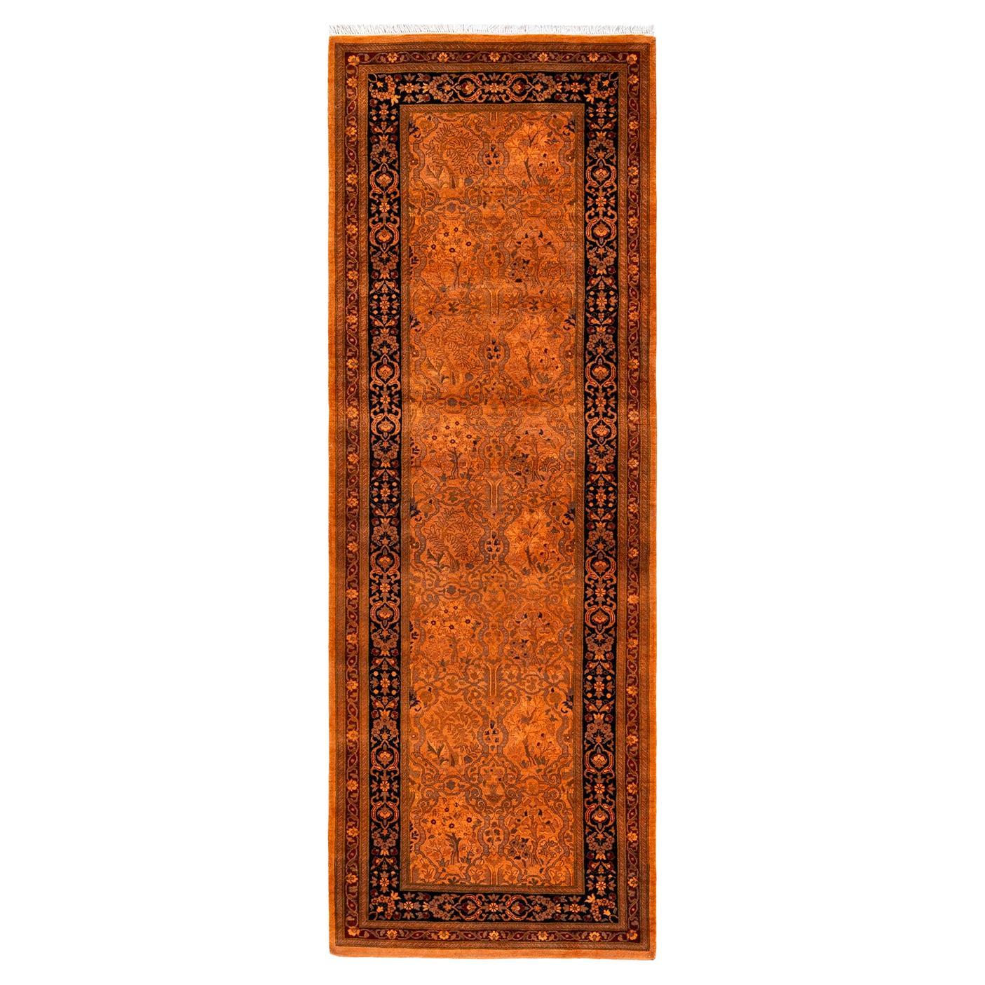 Contemporary Overdyed Hand Knotted Wool Gold Runner For Sale