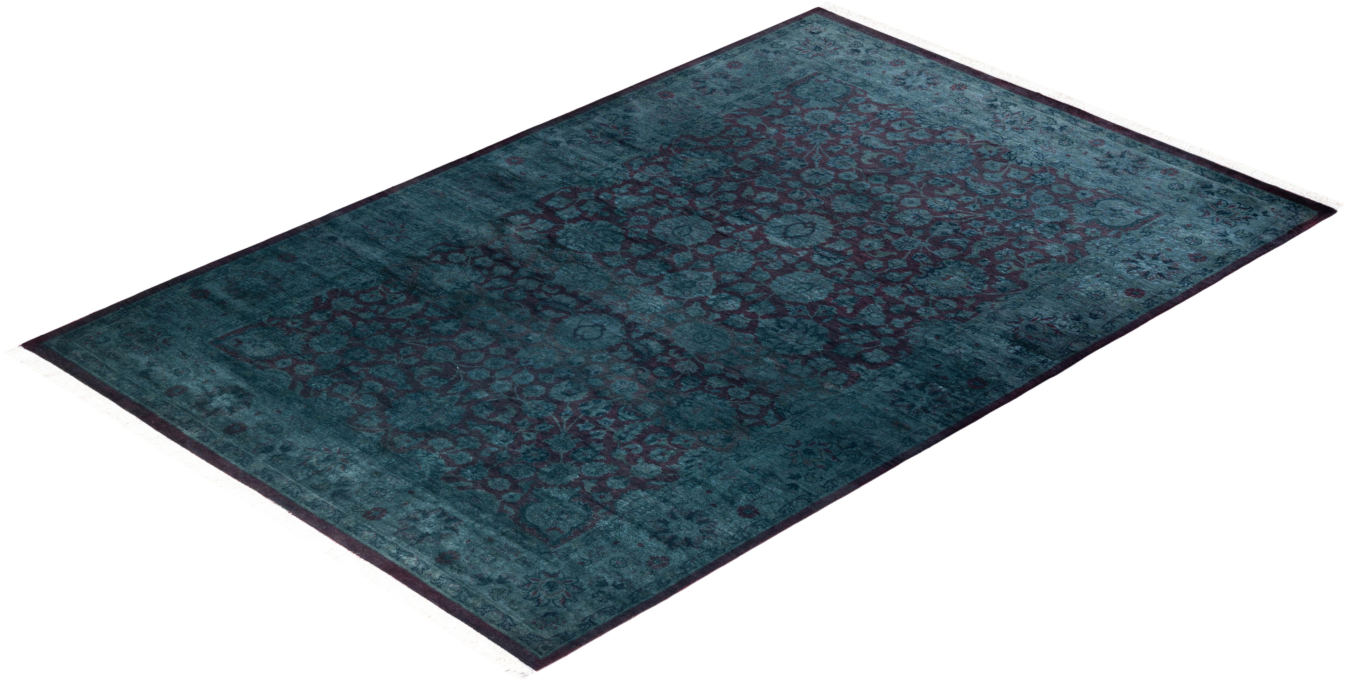 Contemporary Tapis de sol en laine surteinte nouée à la main gris 4' 2