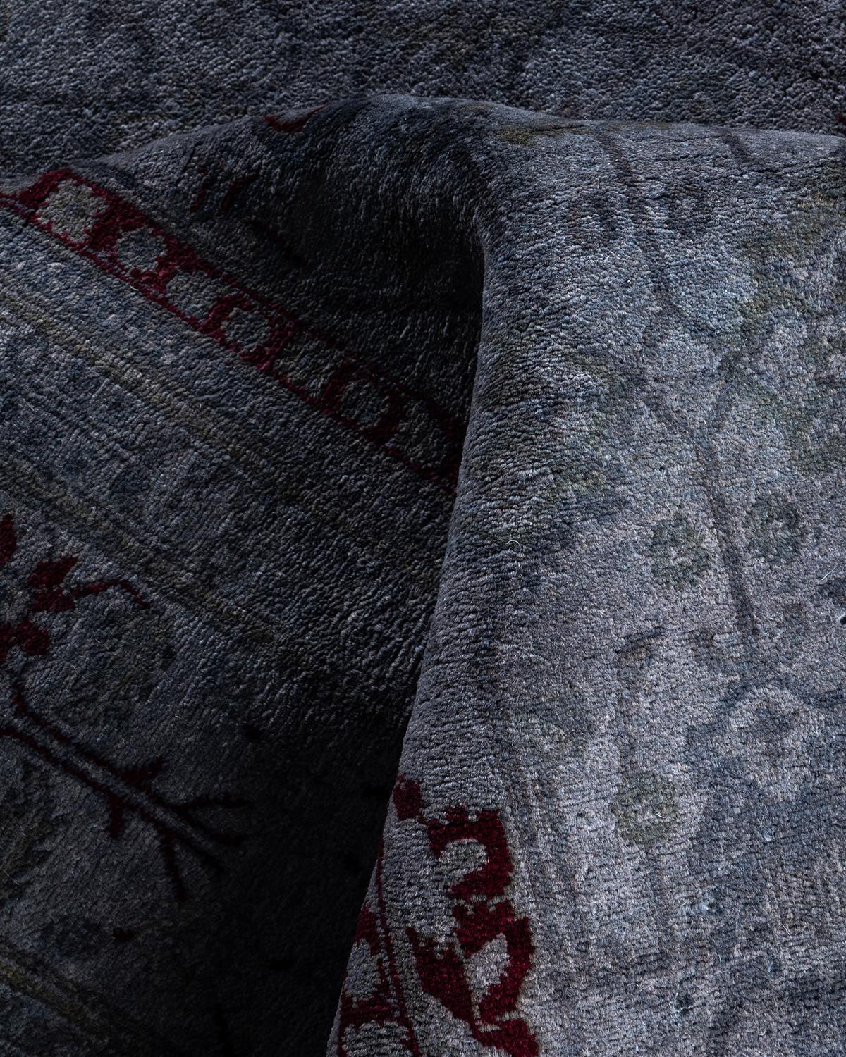 Contemporary Overdyed Hand Knotted Wool Gray Area Rug For Sale 3