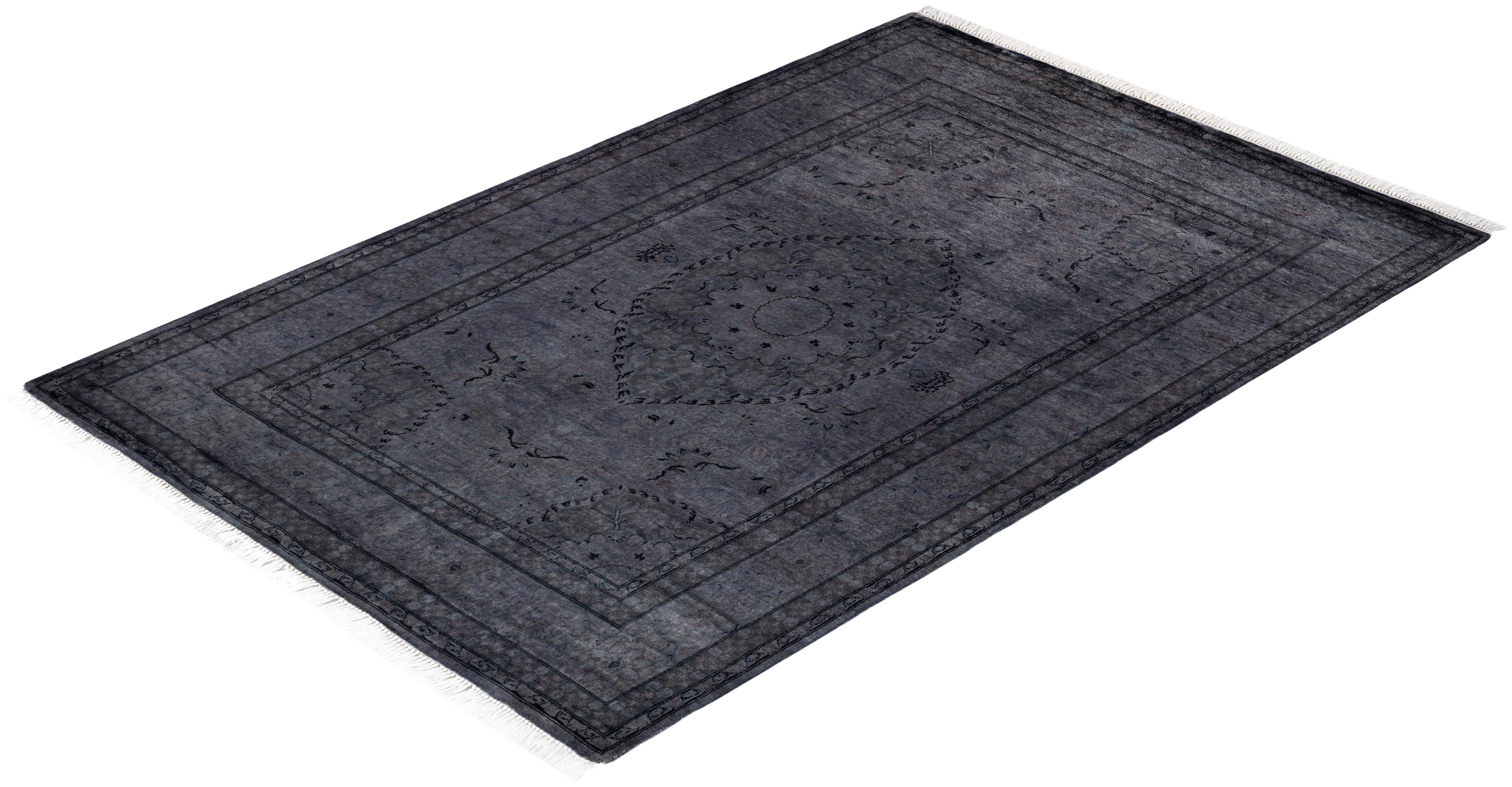 Contemporary Overdyed Hand Knotted Wool Gray Area Rug For Sale 4