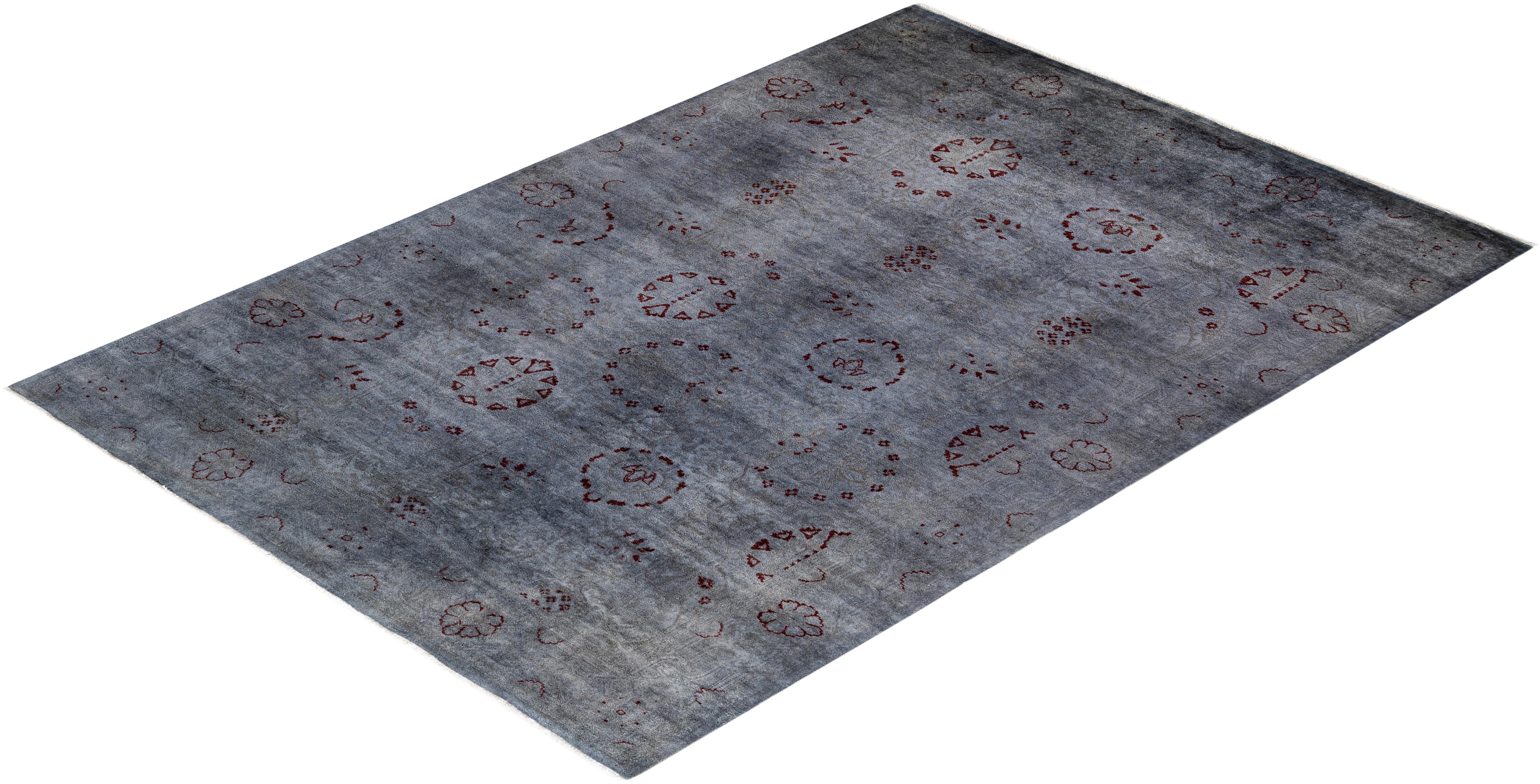 Contemporary Overdyed Hand Knotted Wool Gray Area Rug For Sale 4
