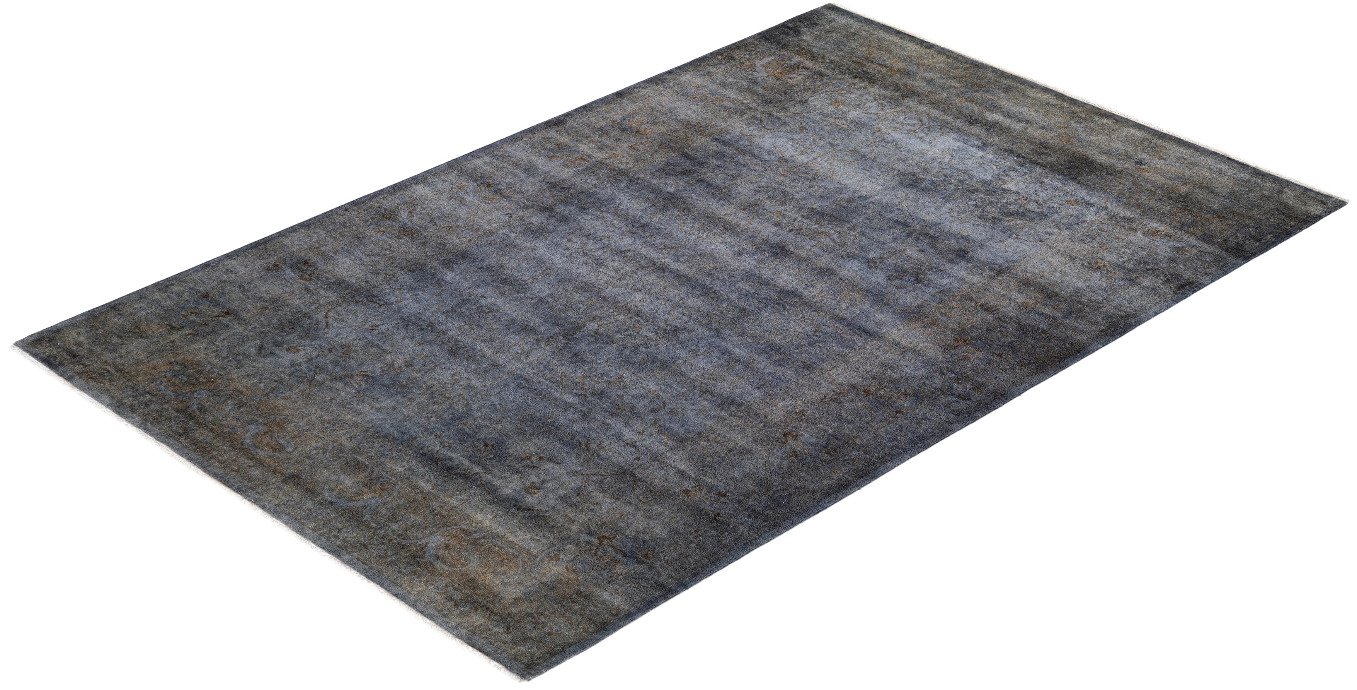 Contemporary Overdyed Hand Knotted Wool Gray Area Rug For Sale 4