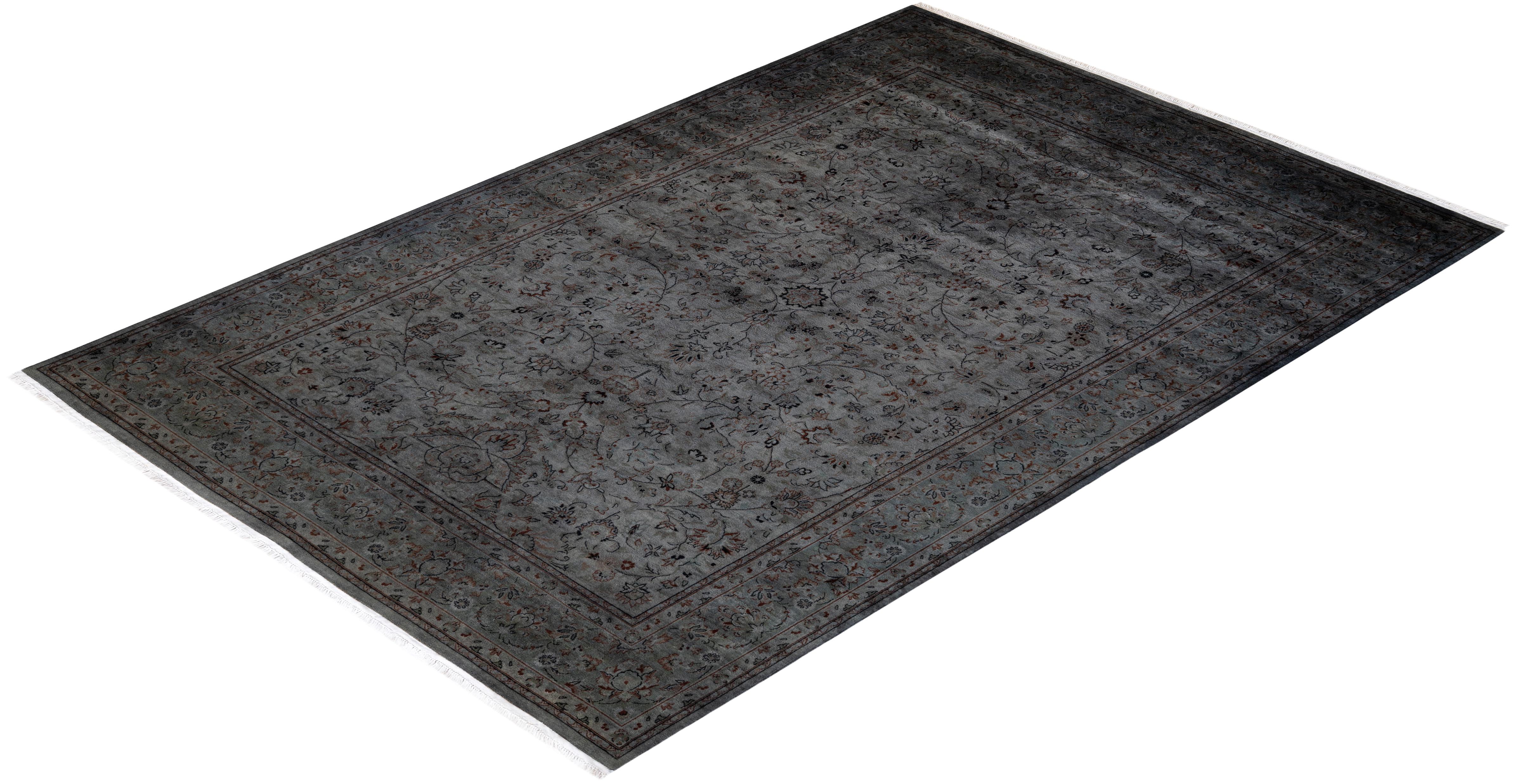 Contemporary Overdyed Hand Knotted Wool Gray Area Rug For Sale 4