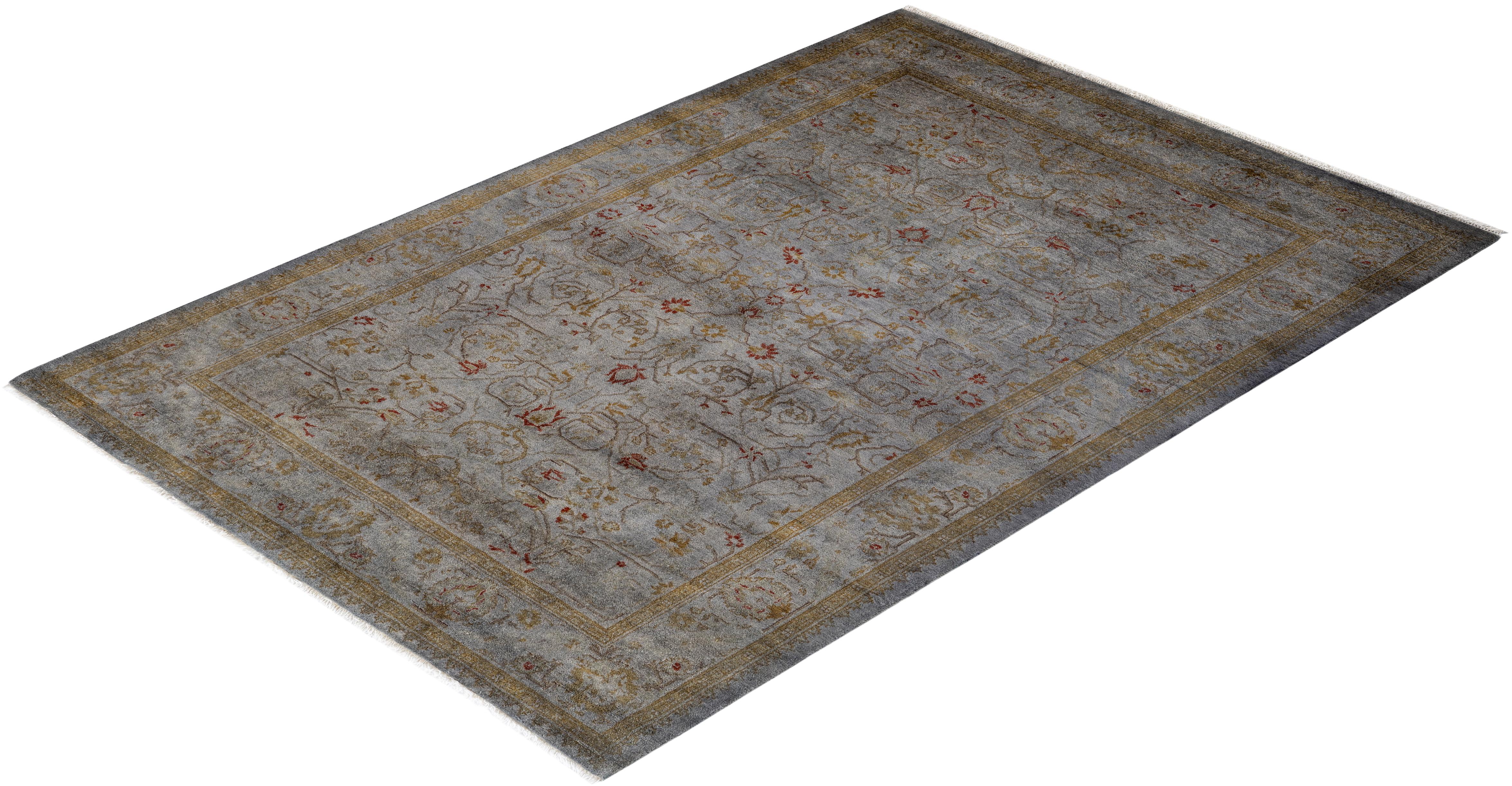 Contemporary Overdyed Hand Knotted Wool Gray Area Rug For Sale 4