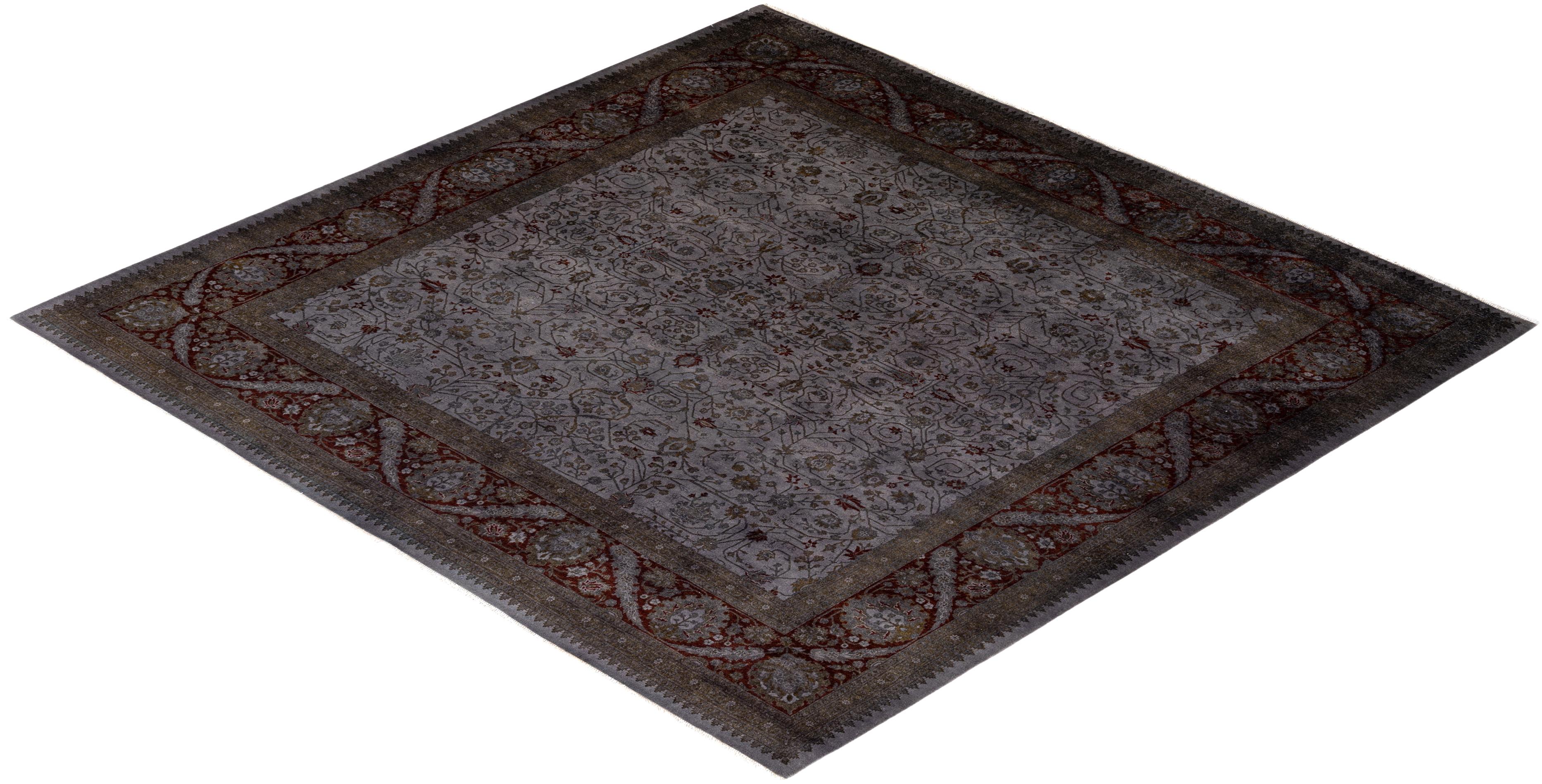 Contemporary Overdyed Hand Knotted Wool Gray Area Rug For Sale 4