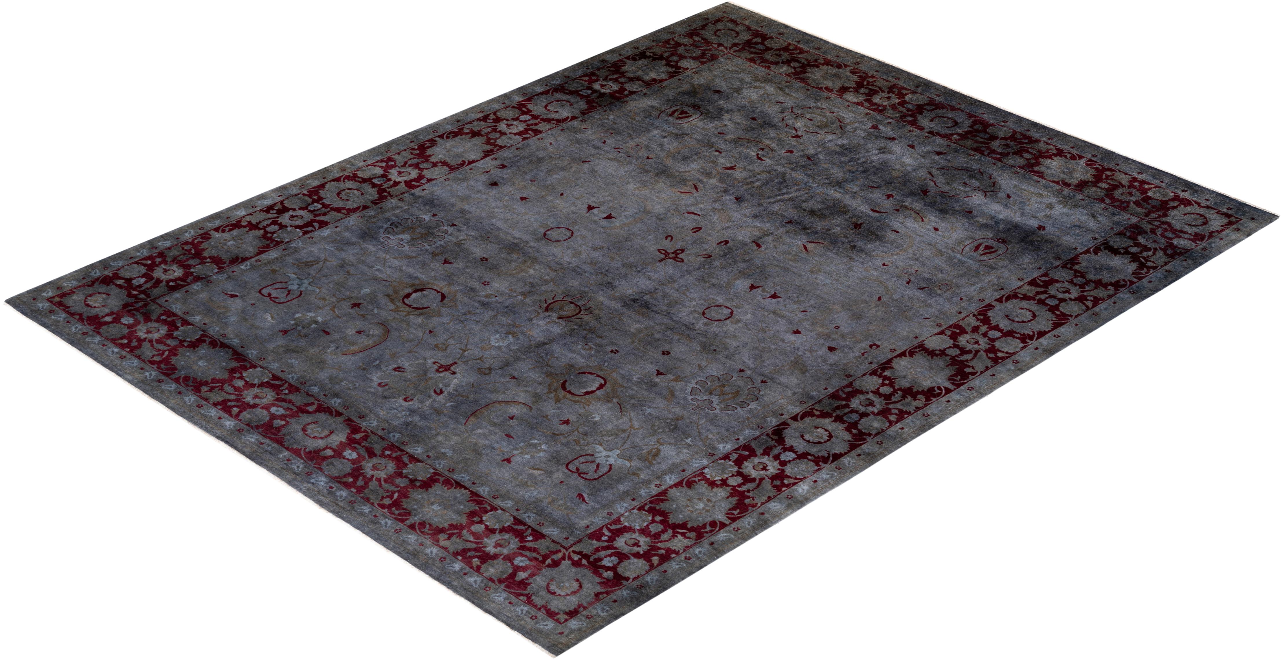 Contemporary Overdyed Hand Knotted Wool Gray Area Rug For Sale 4