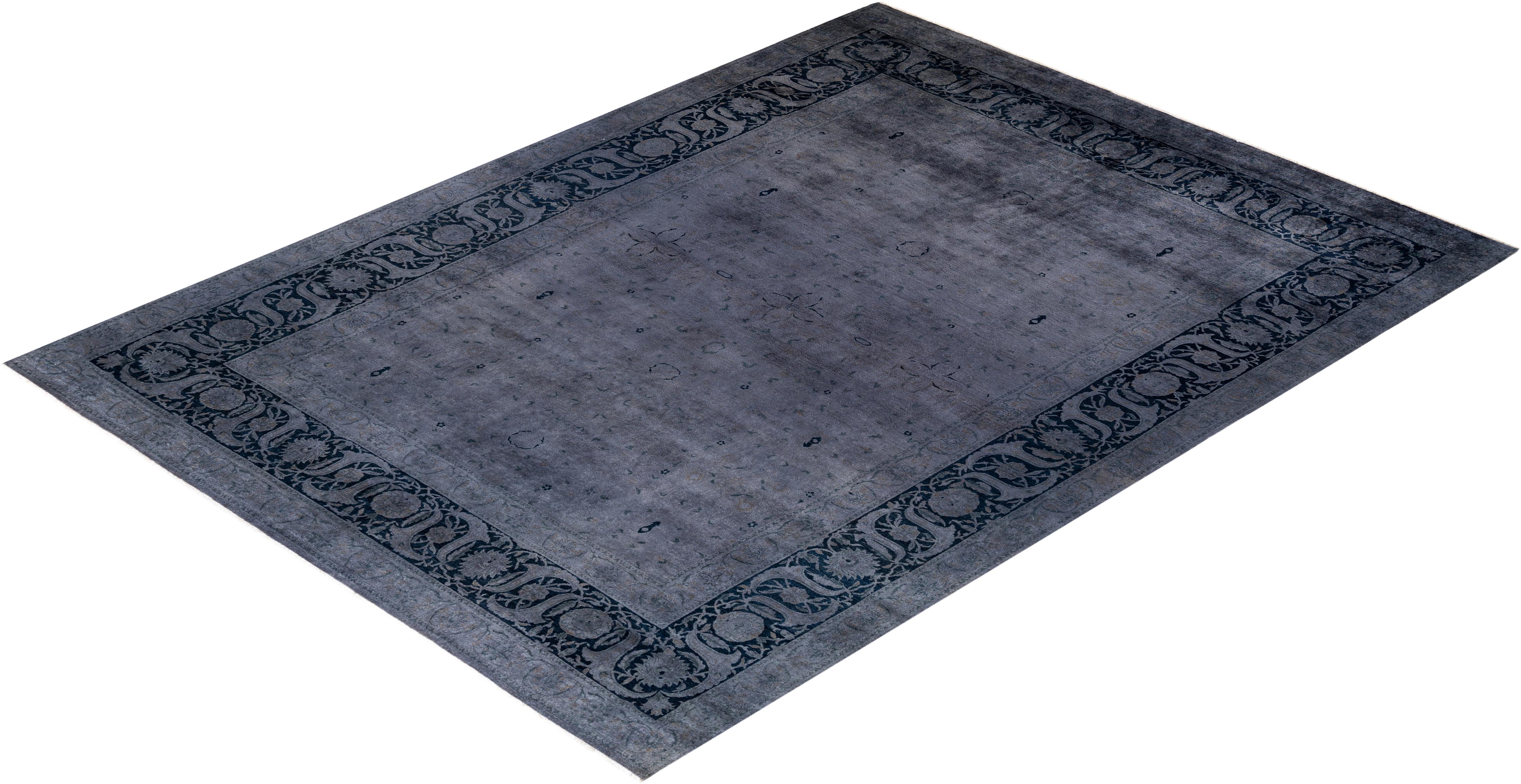 Contemporary Overdyed Hand Knotted Wool Gray Area Rug For Sale 4