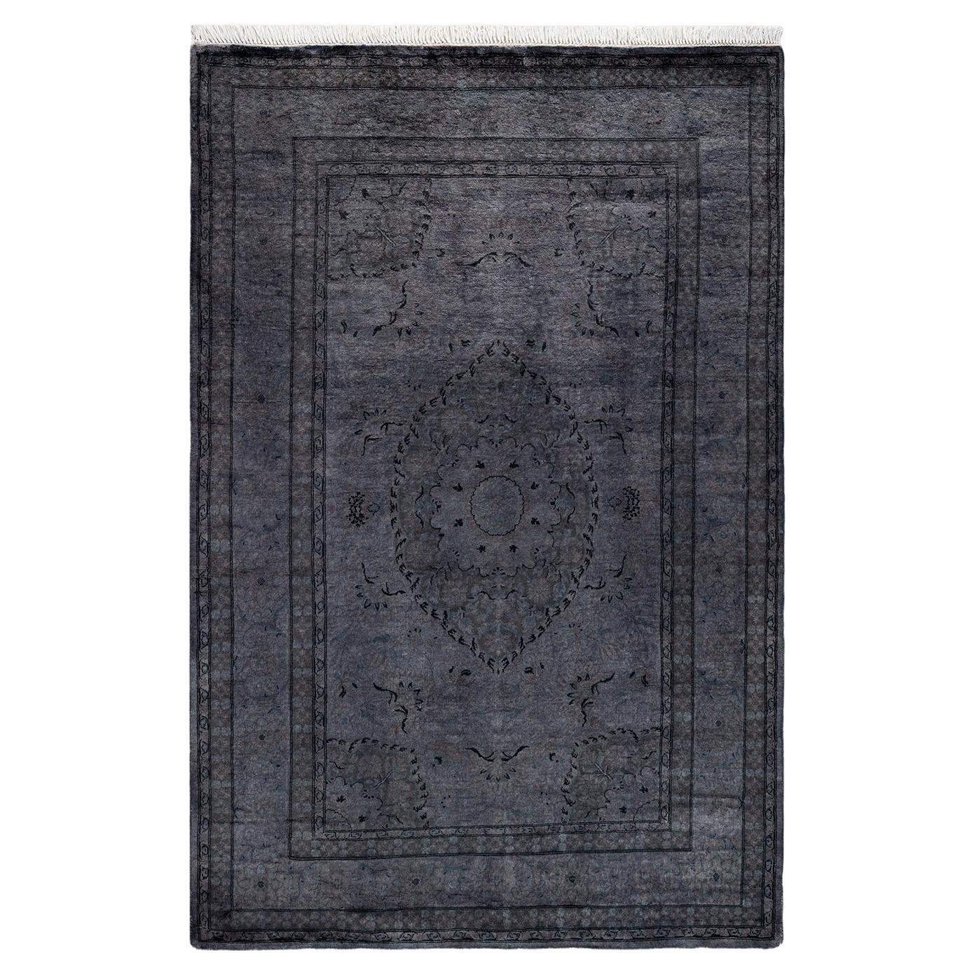 Contemporary Overdyed Hand Knotted Wool Gray Area Rug For Sale