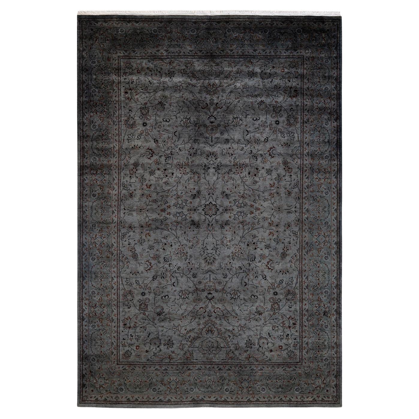 Contemporary Overdyed Hand Knotted Wool Gray Area Rug For Sale