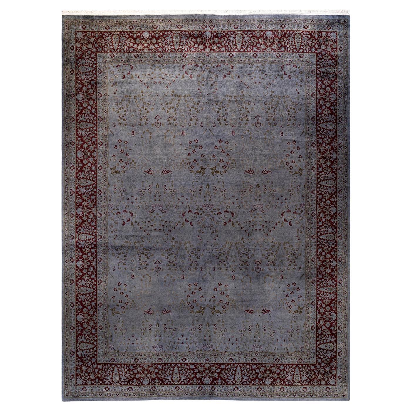 Contemporary Overdyed Hand Knotted Wool Gray Area Rug For Sale