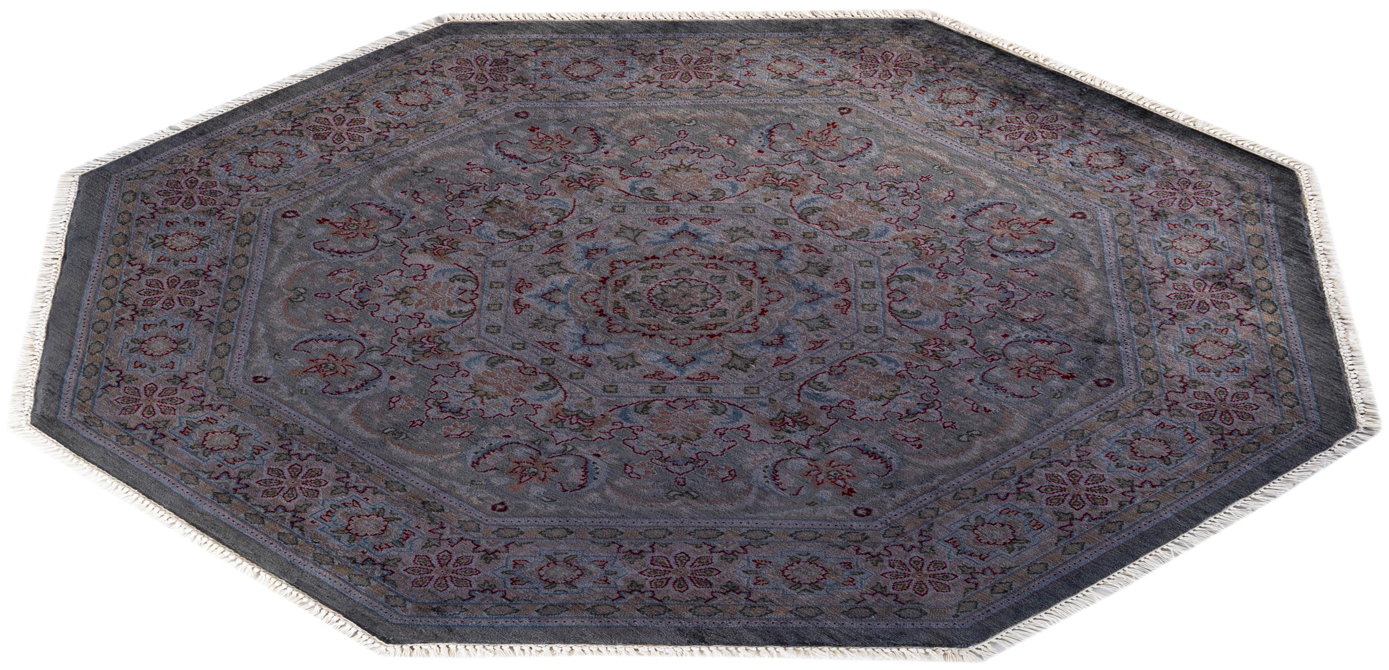 Contemporary Overdyed Hand Knotted Wool Gray Octagon Area Rug For Sale 3