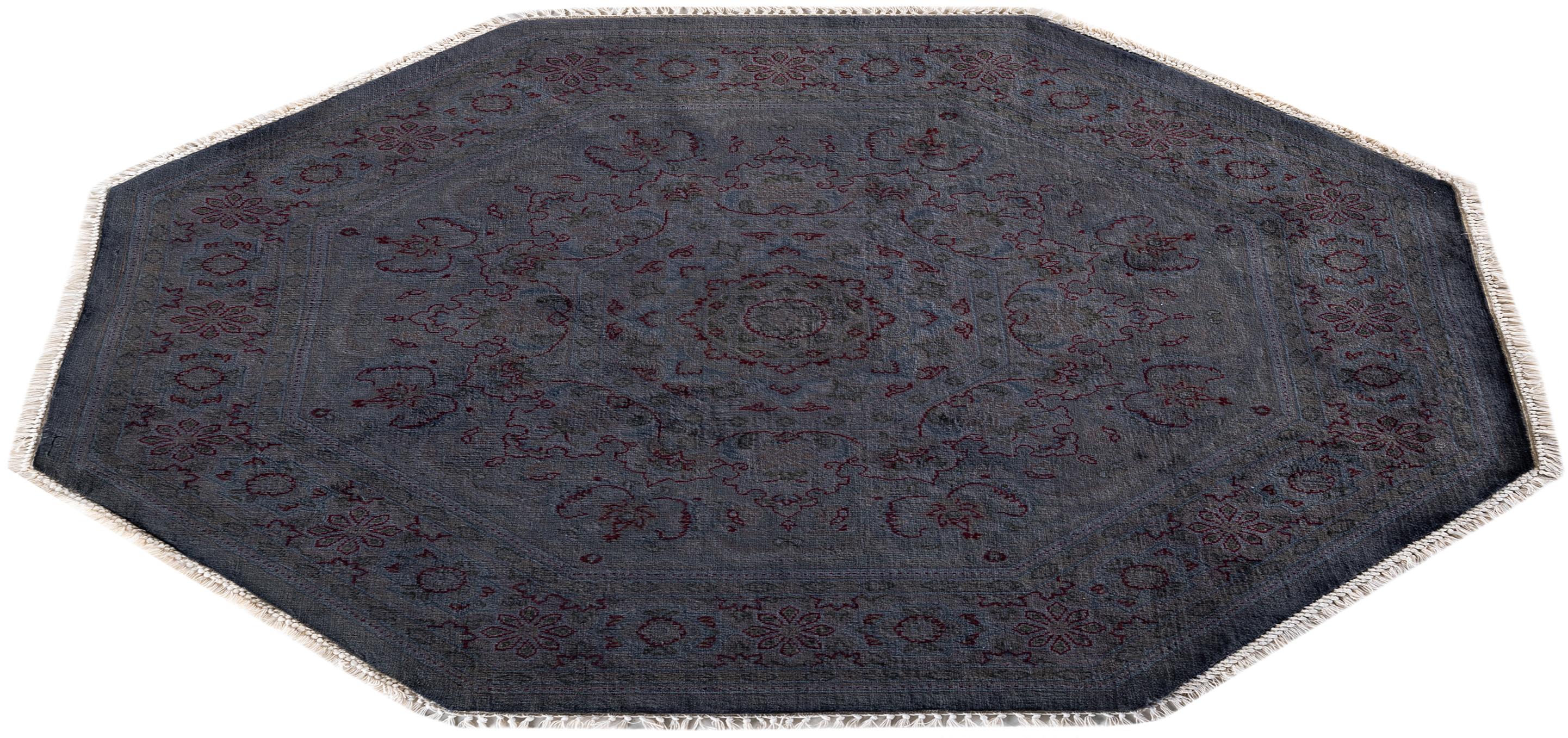 Contemporary Overdyed Hand Knotted Wool Gray Octagon Area Rug For Sale 4