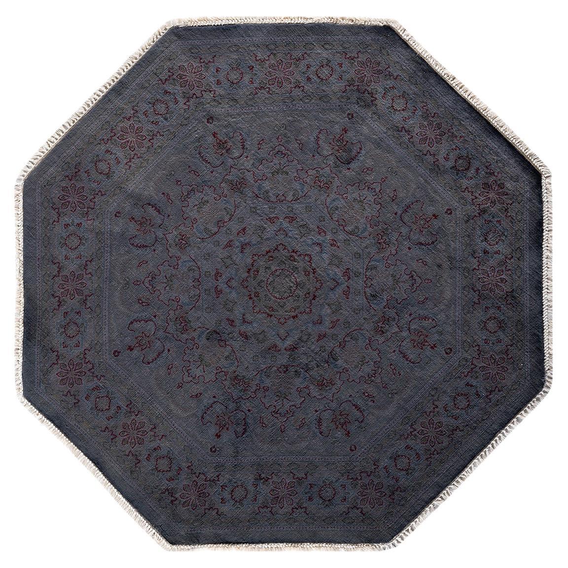 Contemporary Overdyed Hand Knotted Wool Gray Octagon Area Rug For Sale