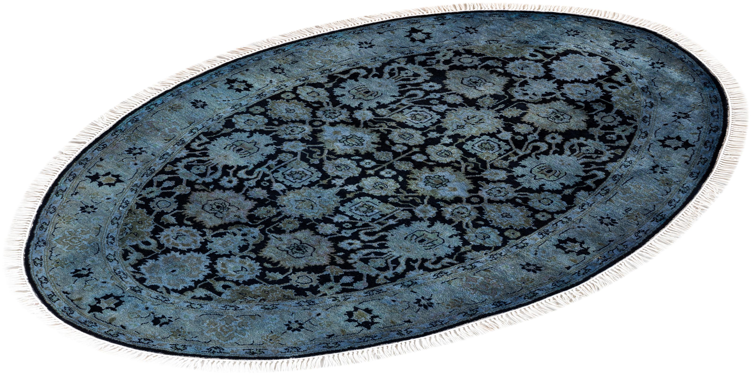 Contemporary Overdyed Hand Knotted Wool Gray Oval Area Rug For Sale 4