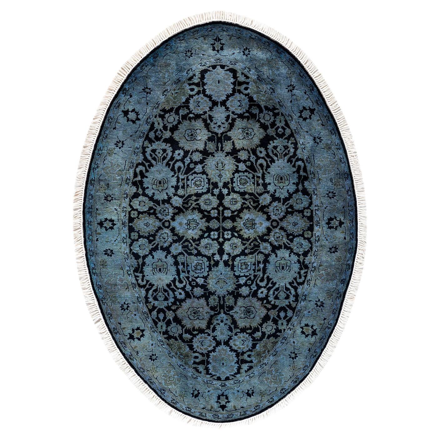 Contemporary Overdyed Hand Knotted Wool Gray Oval Area Rug For Sale