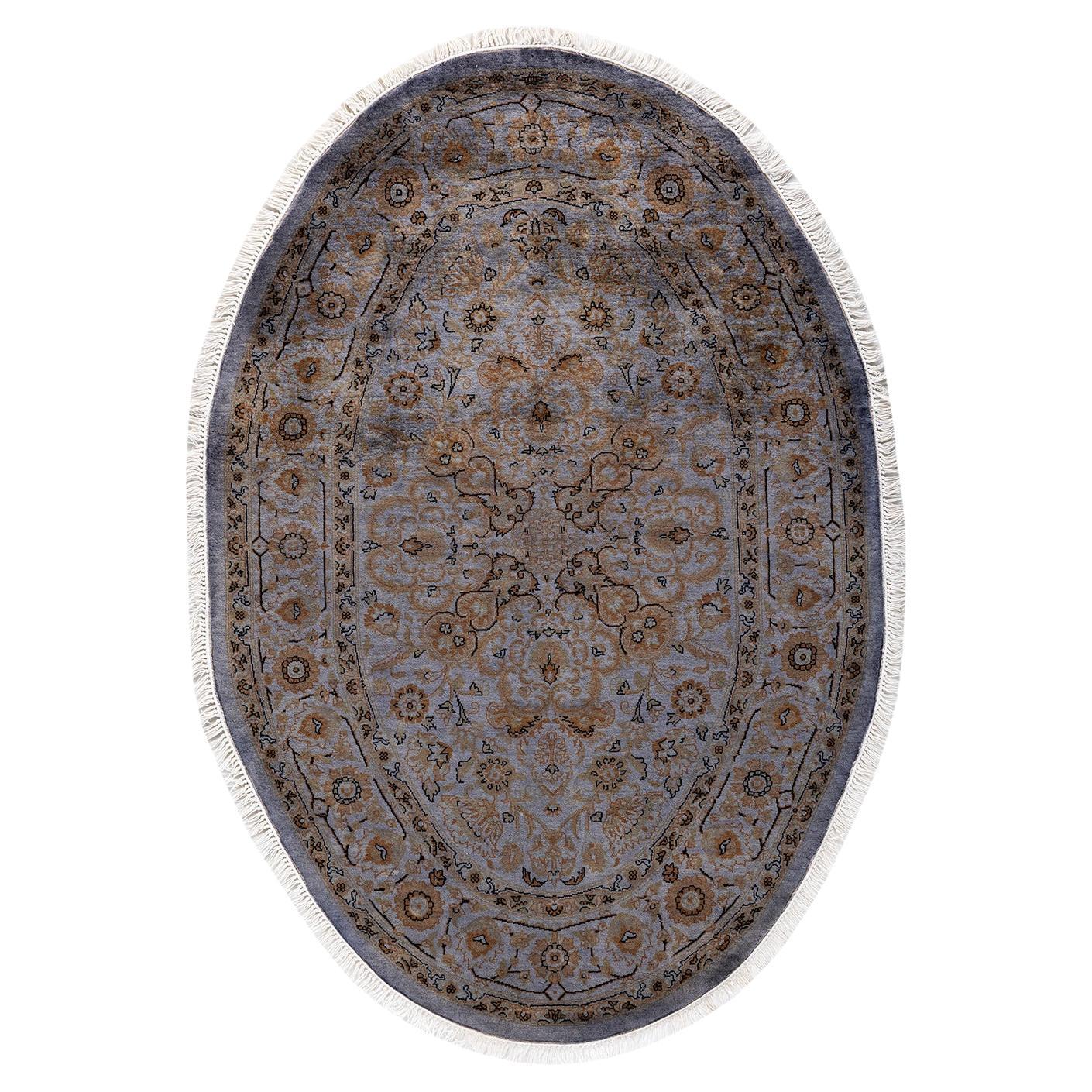 Contemporary Overdyed Hand Knotted Wool Gray Oval Area Rug For Sale