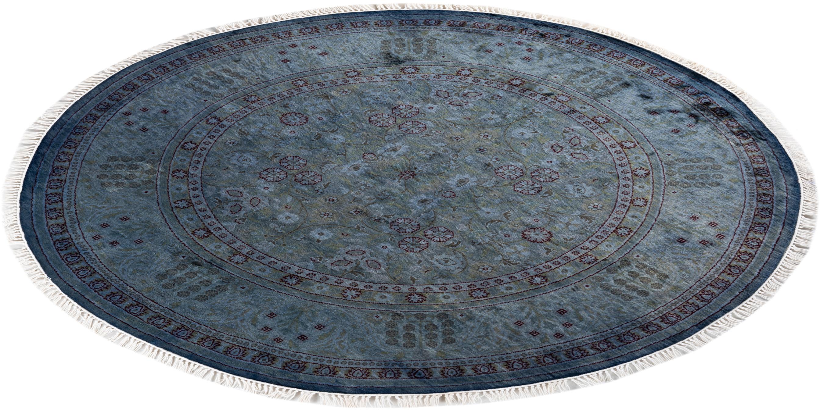 Contemporary Overdyed Hand Knotted Wool Gray Round Area Rug 4