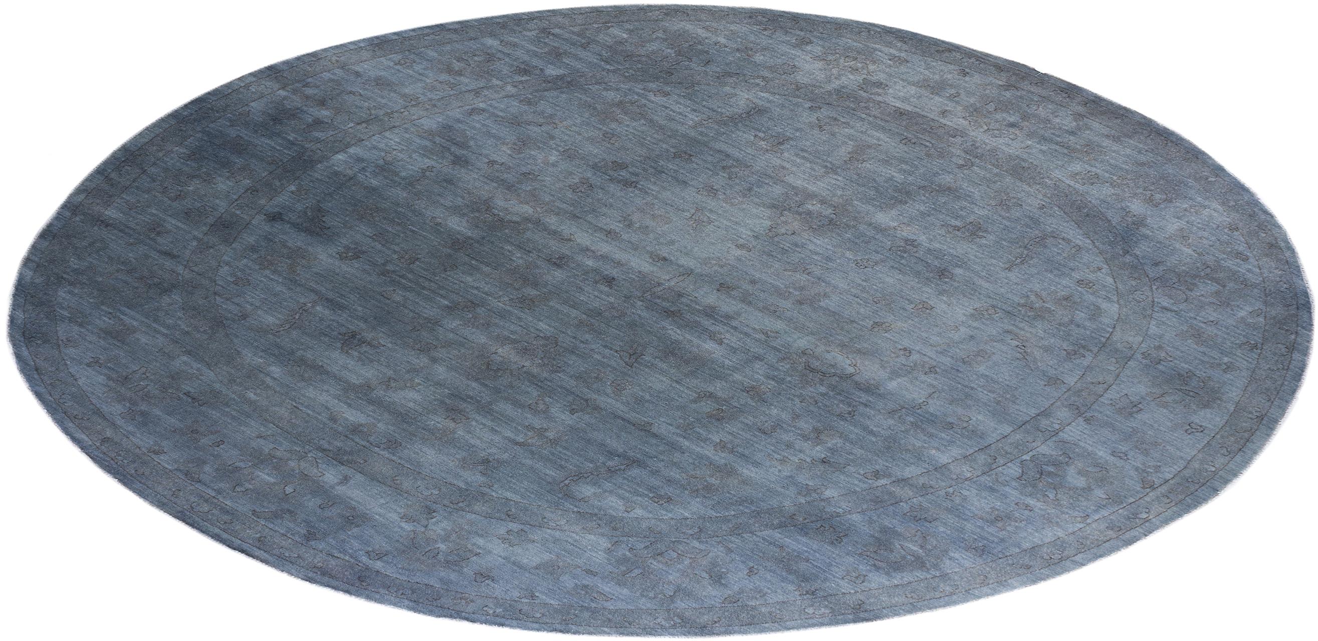 Contemporary Overdyed Hand Knotted Wool Gray Round Area Rug For Sale 4