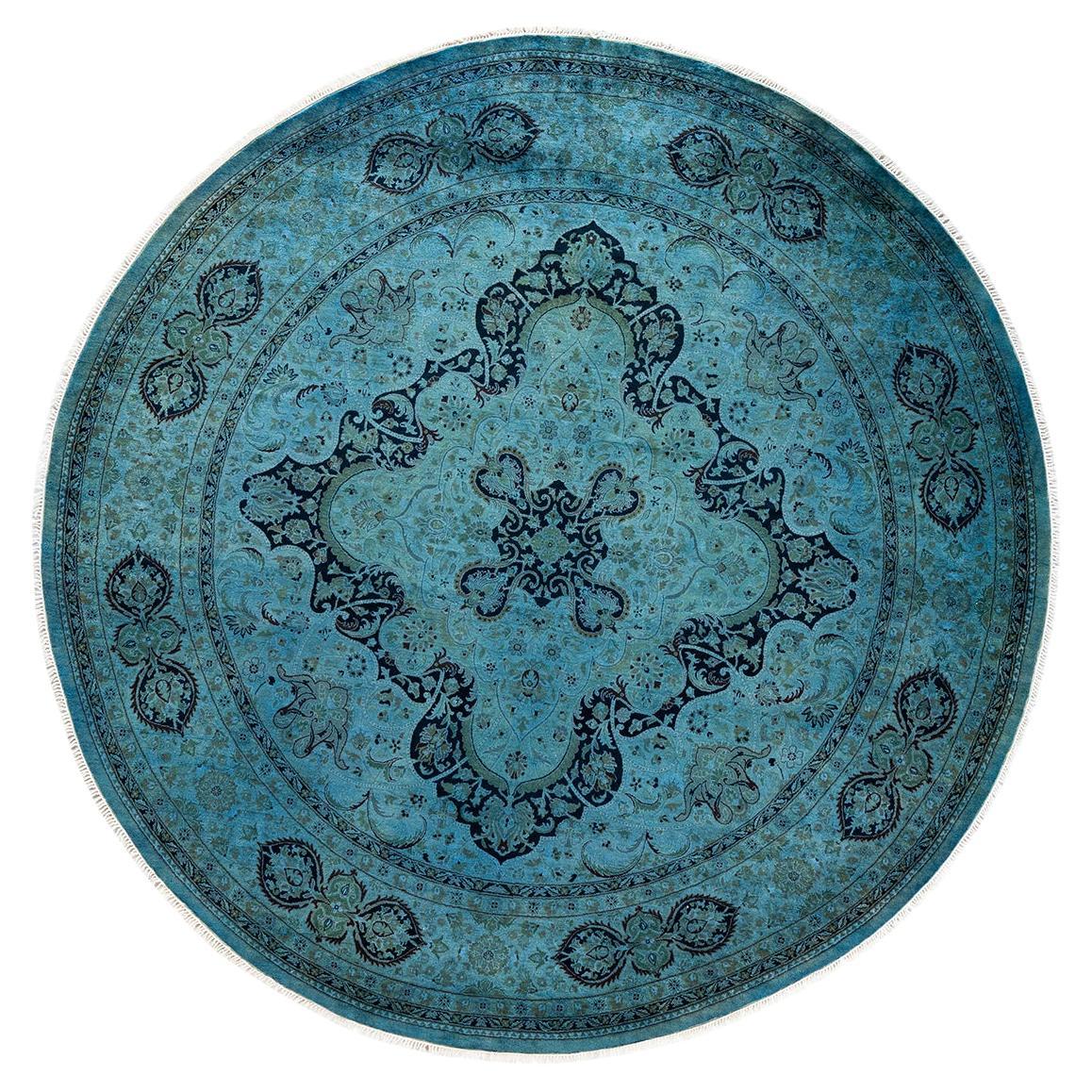 Contemporary Overdyed Hand Knotted Wool Gray Round Area Rug For Sale