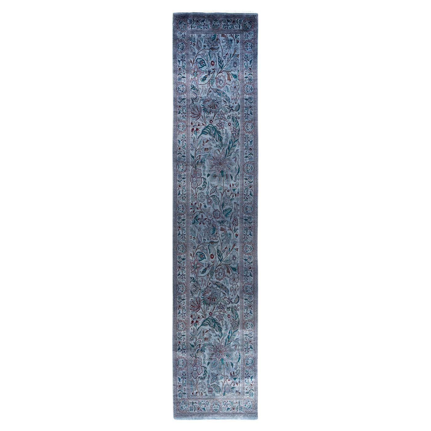 Tapis de course contemporain en laine surteinte nouée à la main, gris 2' 7" x 12' 8".