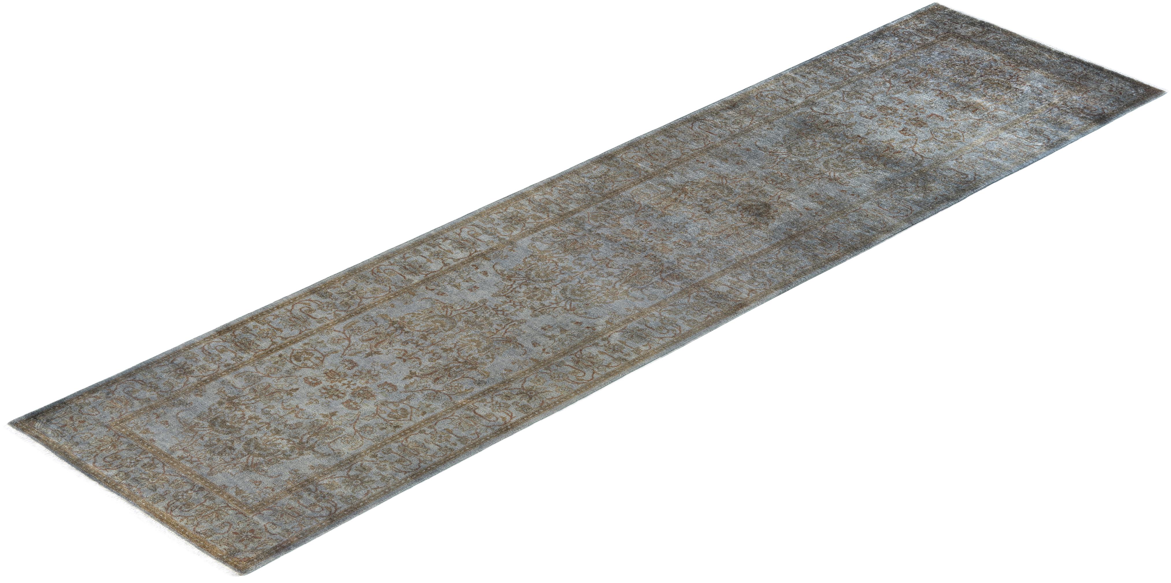 Contemporary Overdyed Hand Knotted Wool Gray Runner 2' 8