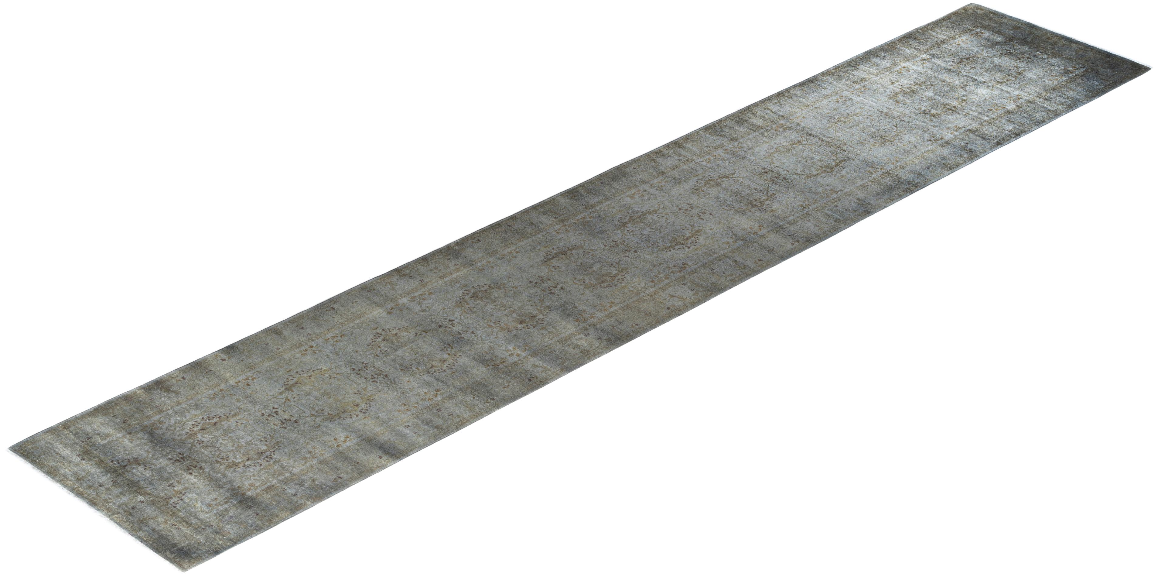 Contemporary Overdyed Hand Knotted Wool Gray Runner 3' 1