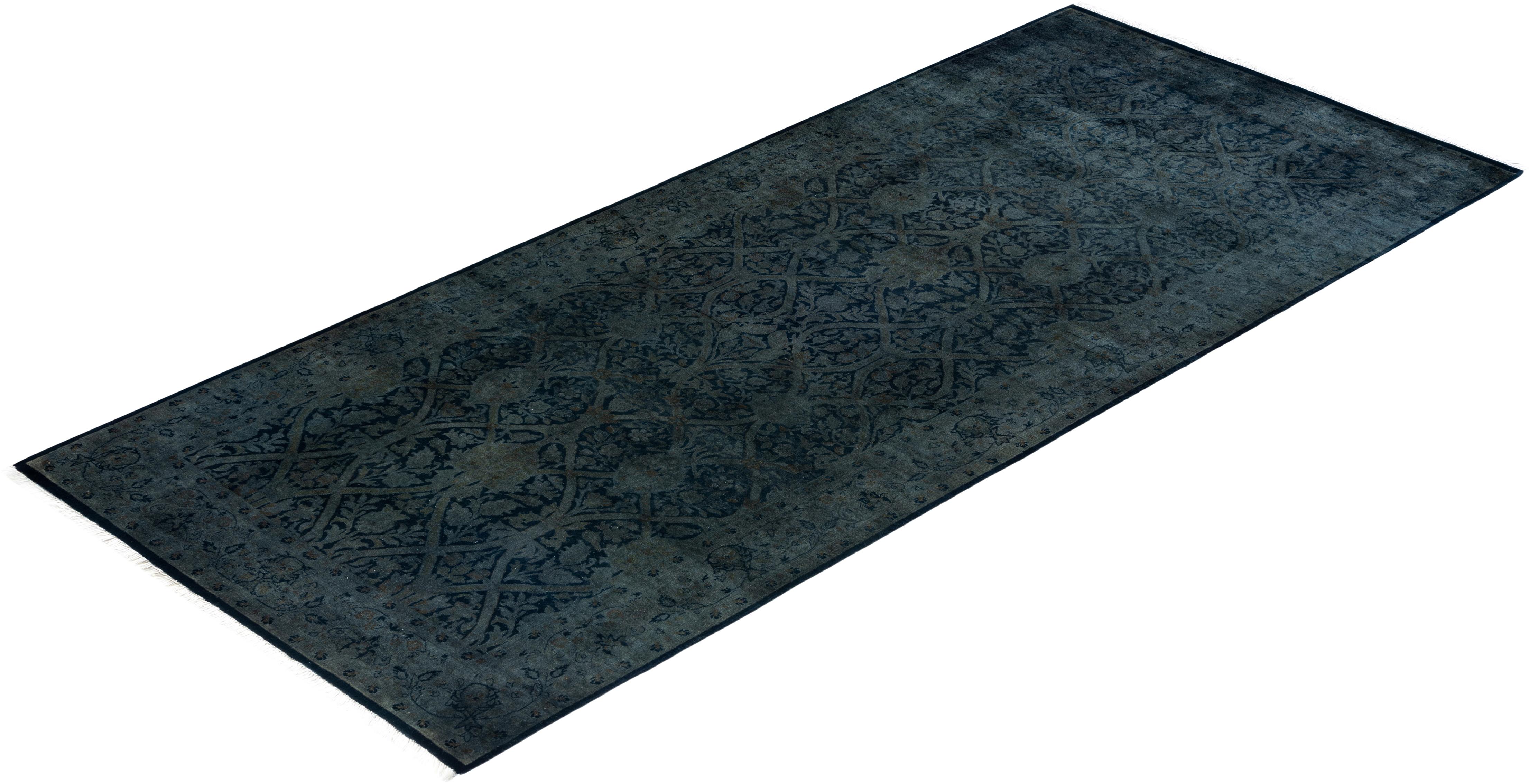 Contemporary Overdyed Hand Knotted Wool Gray Runner 4' 2