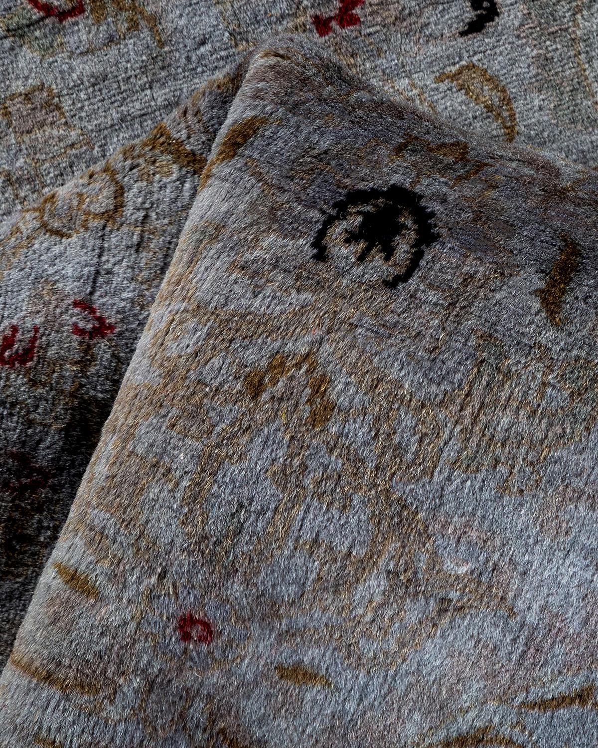 Contemporary Overdyed Hand Knotted Wool Gray Runner For Sale 3