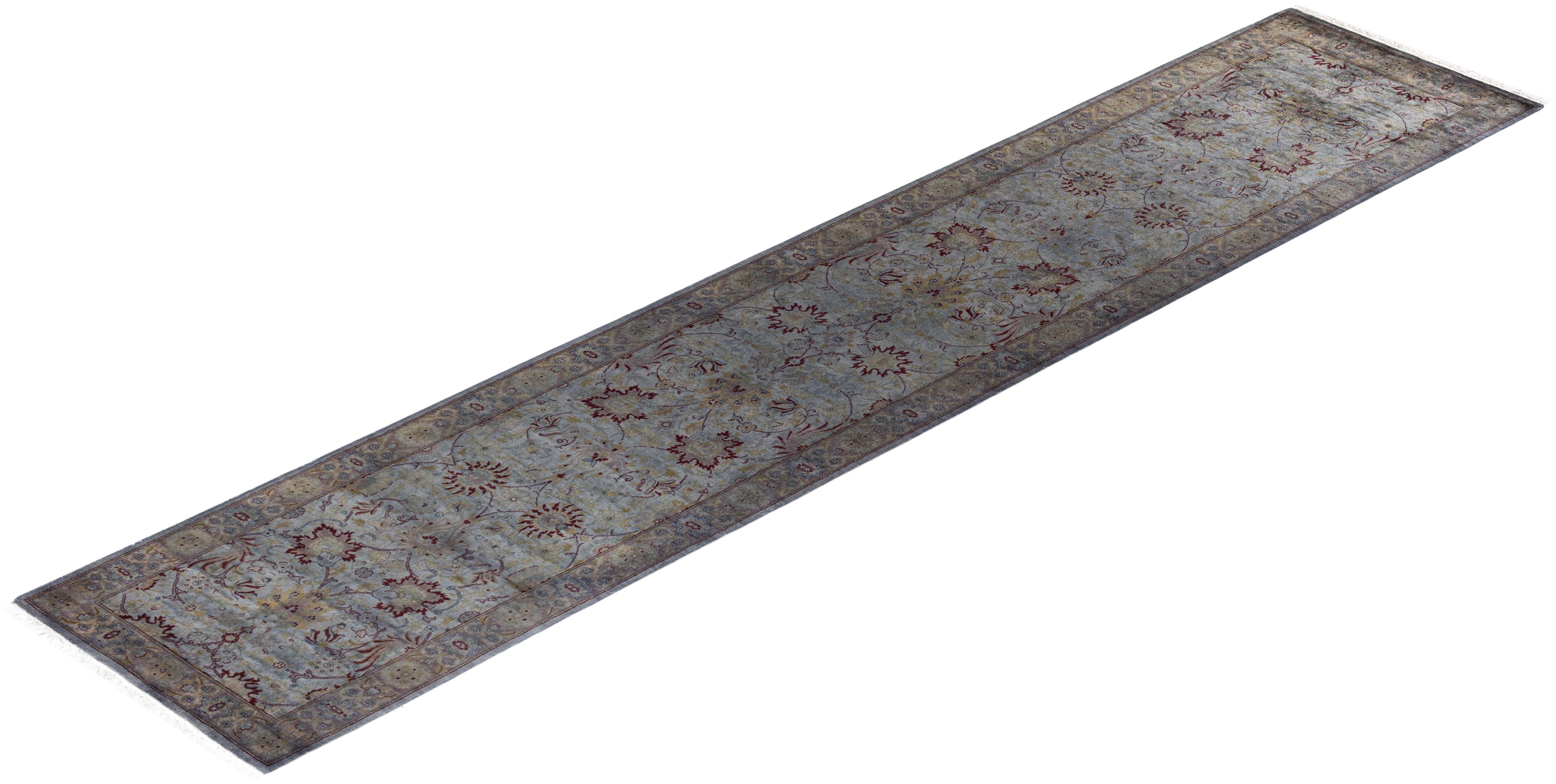 Contemporary Overdyed Hand Knotted Wool Gray Runner im Angebot 2