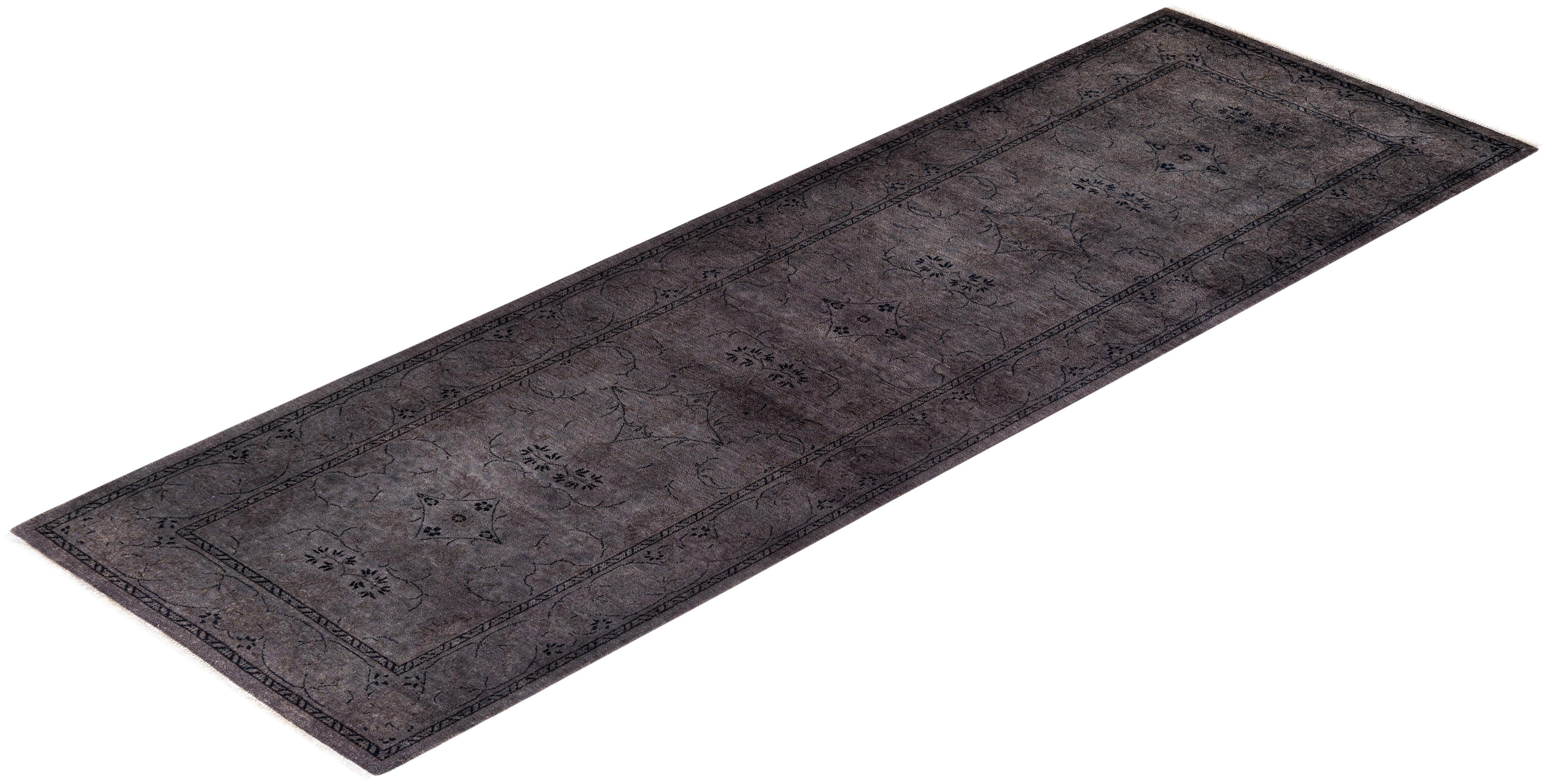 Contemporary Overdyed Hand Knotted Wool Gray Runner For Sale 4