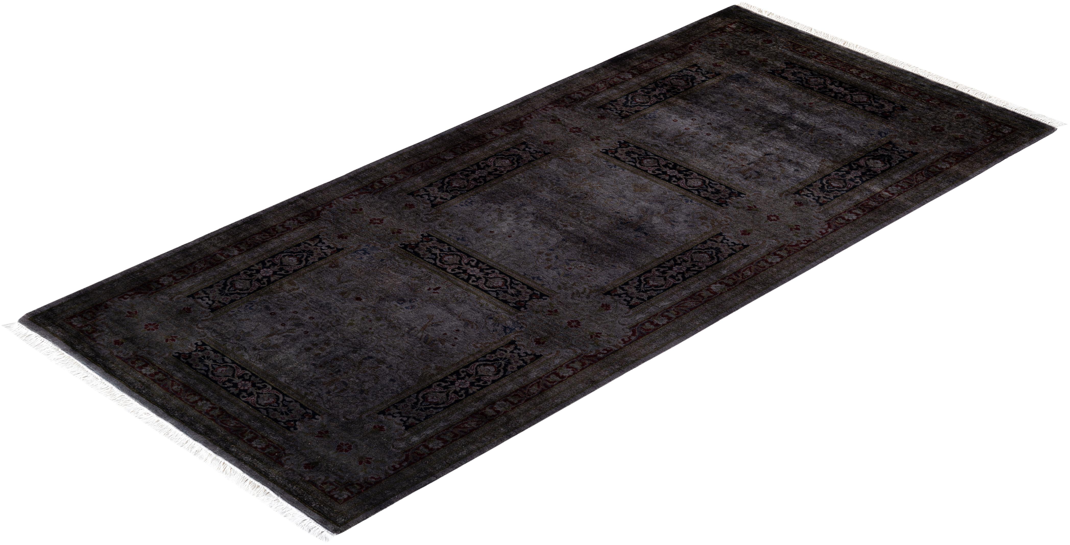 Contemporary Overdyed Hand Knotted Wool Gray Runner For Sale 4