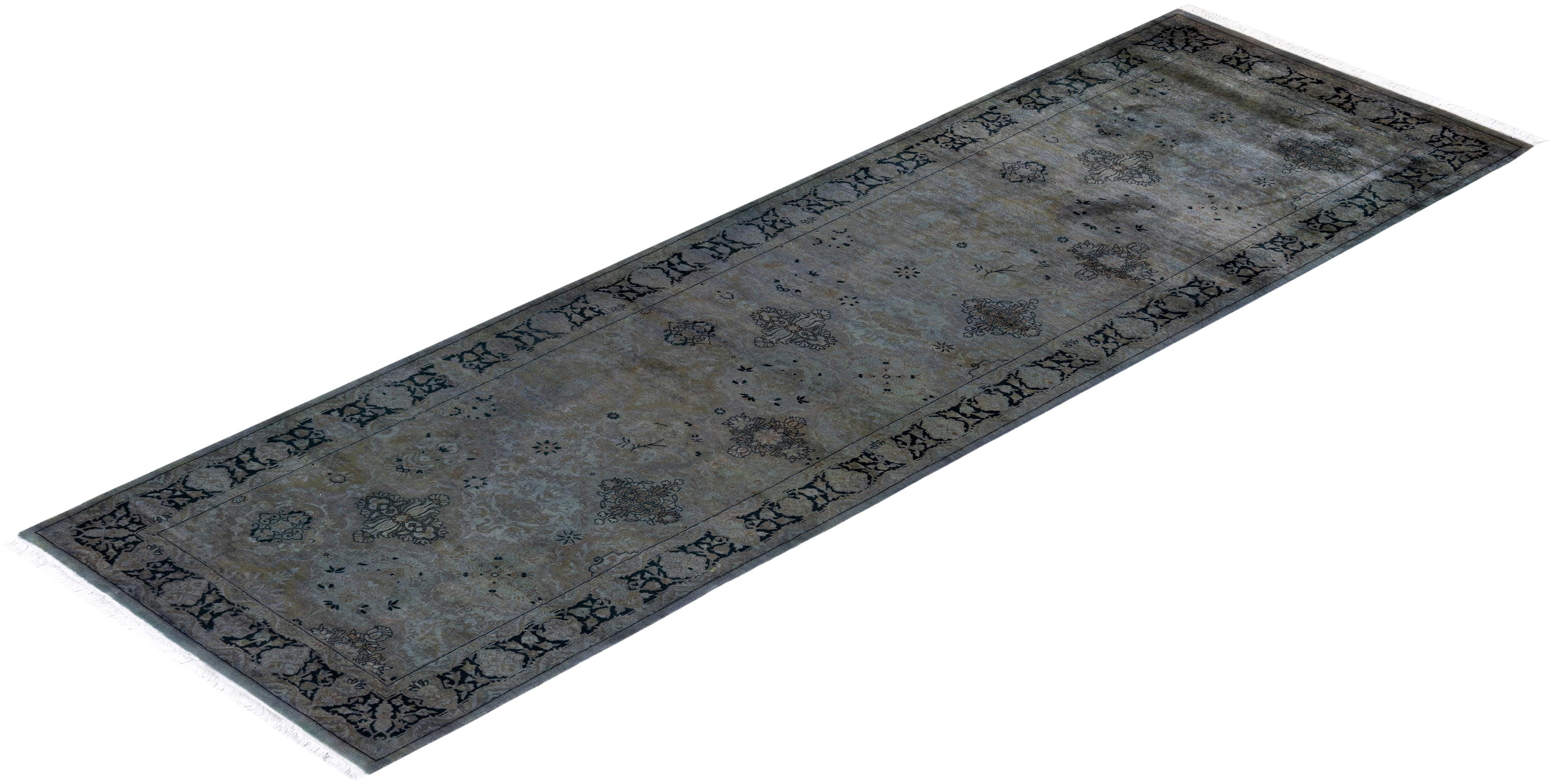 Contemporary Overdyed Hand Knotted Wool Gray Runner For Sale 4
