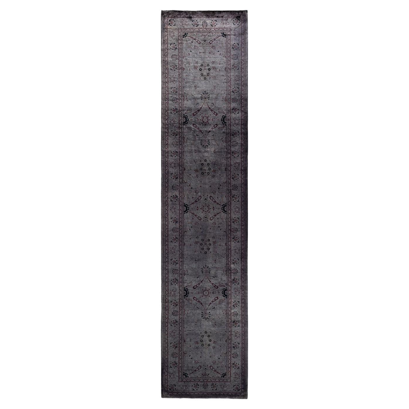 Contemporary Overdyed Hand Knotted Wool Gray Runner