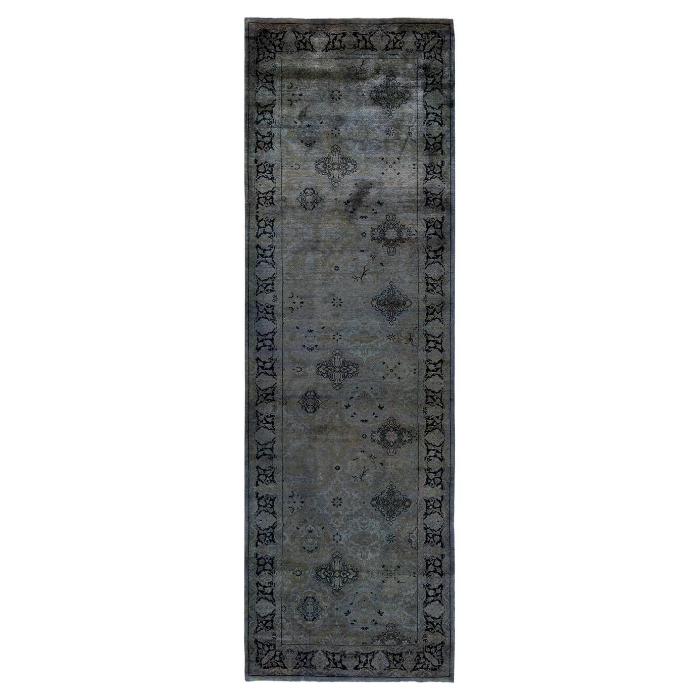 Contemporary Overdyed Hand Knotted Wool Gray Runner For Sale