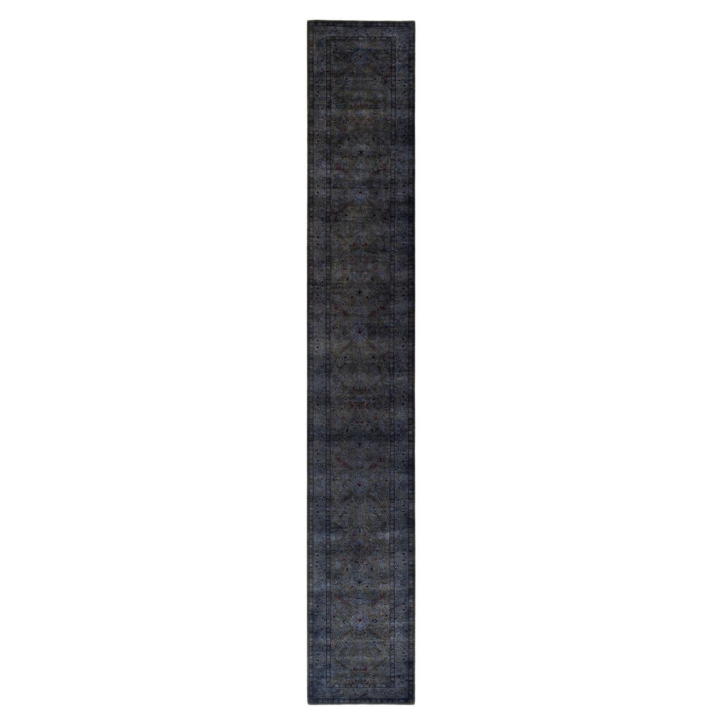 Contemporary Overdyed Hand Knotted Wool Gray Runner  For Sale