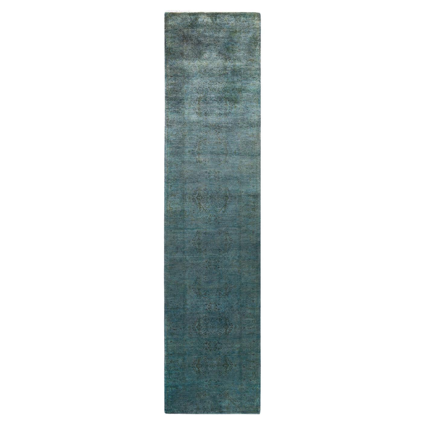 Contemporary Overdyed Hand Knotted Wool Gray Runner For Sale