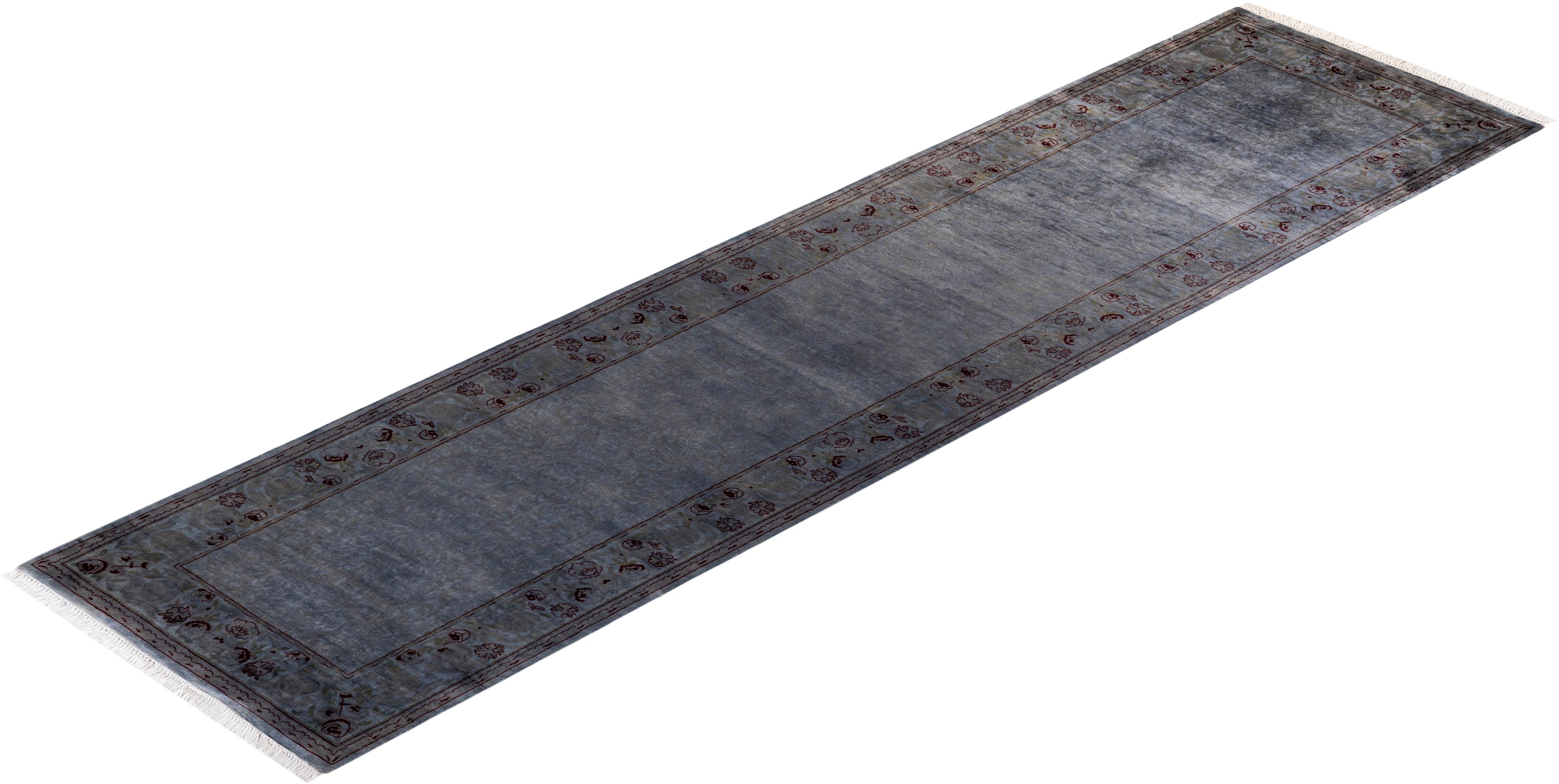 Contemporary Overdyed Hand Knotted Wool Gray Runner Rug For Sale 4