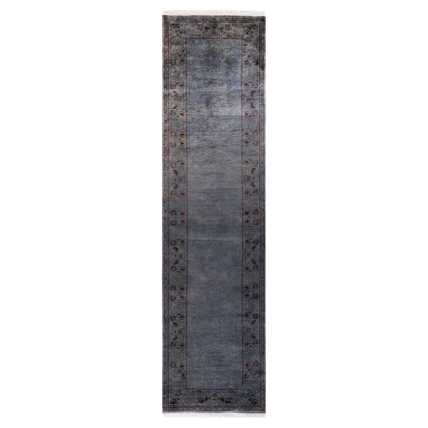 Contemporary Overdyed Hand Knotted Wool Gray Runner Rug For Sale
