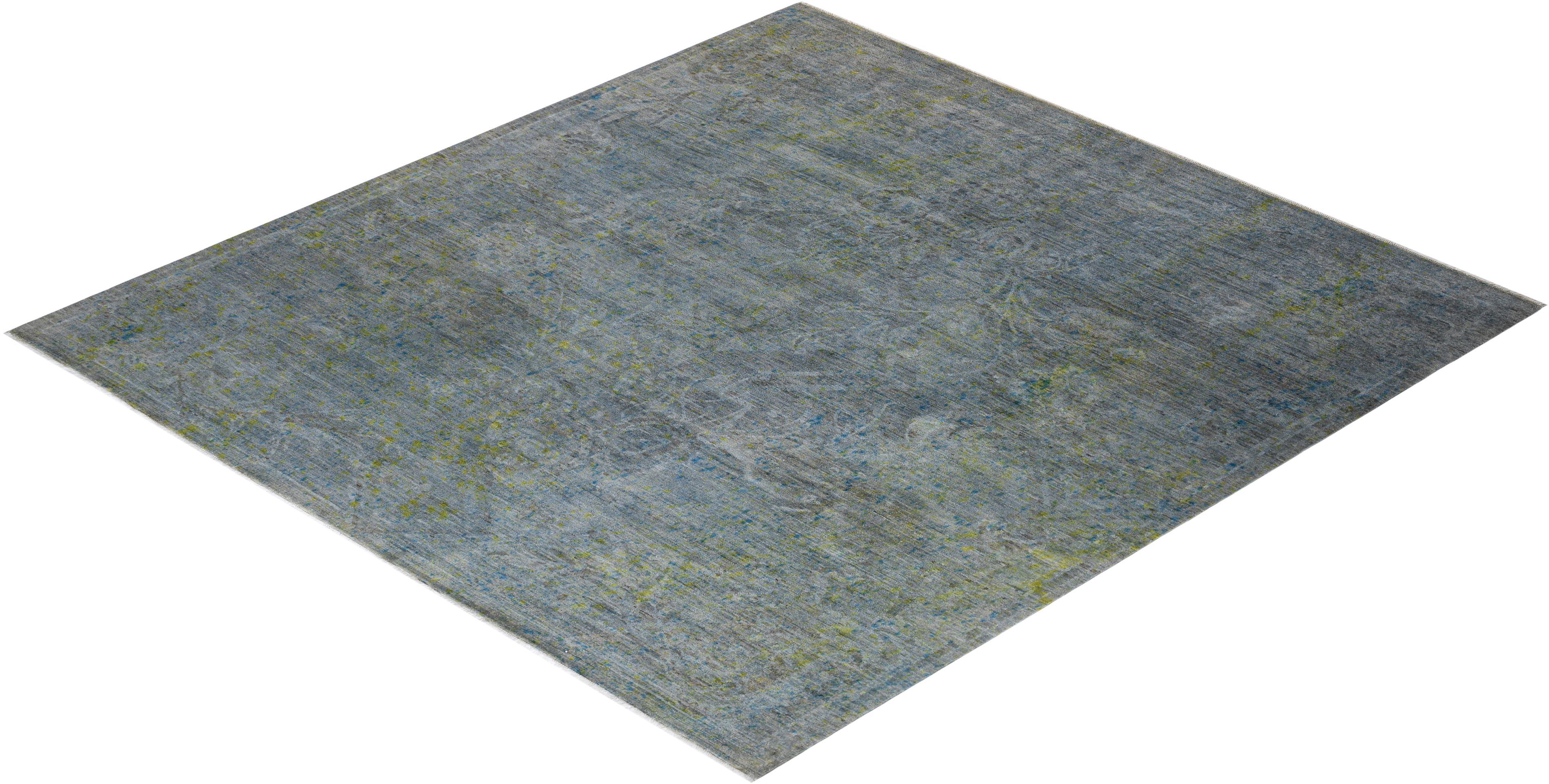 Contemporary Overdyed Hand Knotted Wool Gray Square Area Rug For Sale 4
