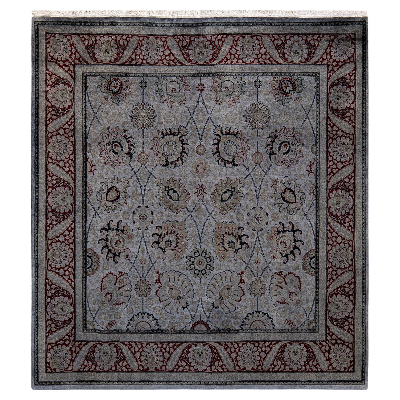 Contemporary Overdyed Hand Knotted Wool Gray Square Area Rug For Sale