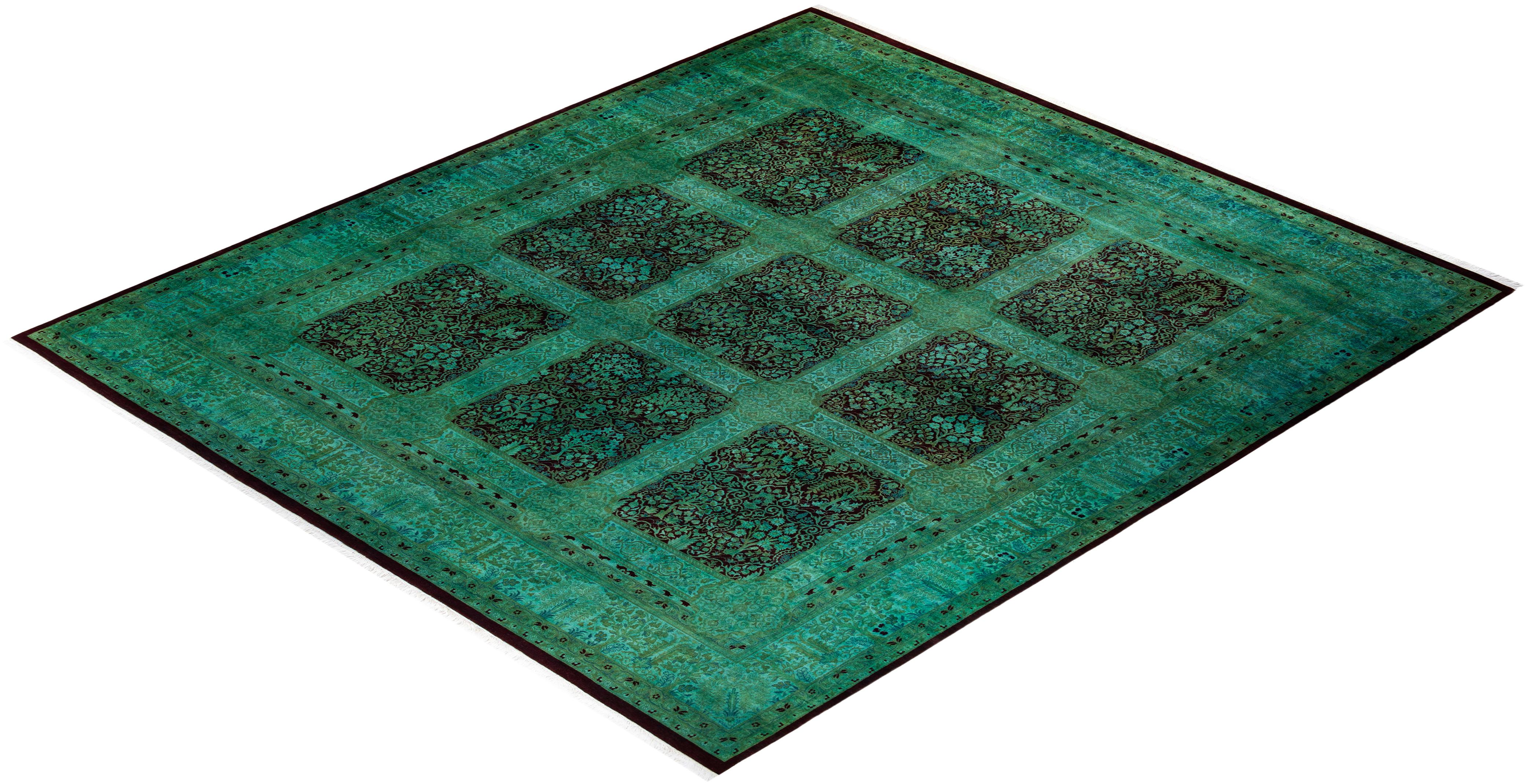 Contemporary Overdyed Hand Knotted Wool Green Area 4