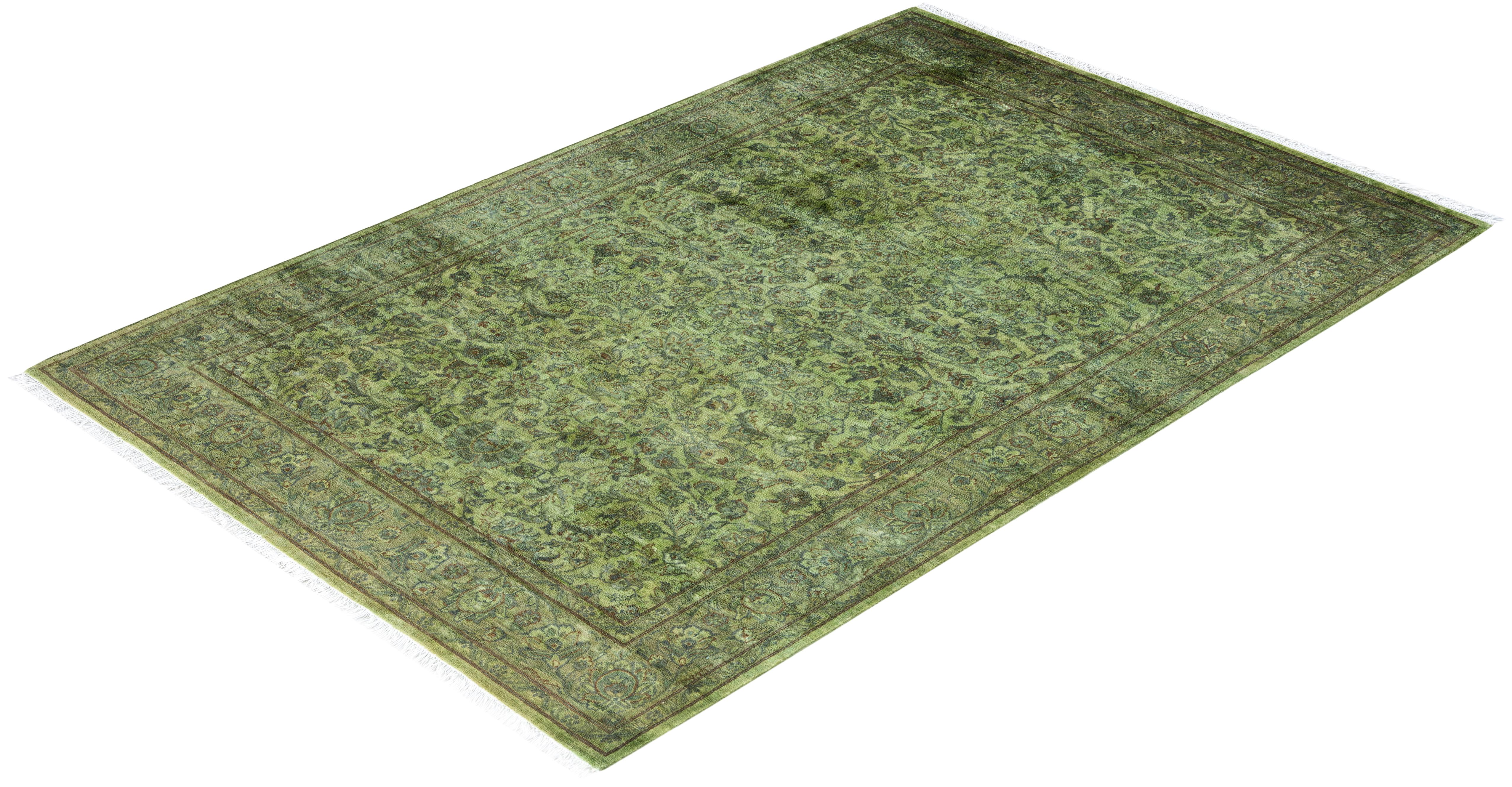 Contemporary Overdyed Hand Knotted Wool Green Area Rug 4' 1