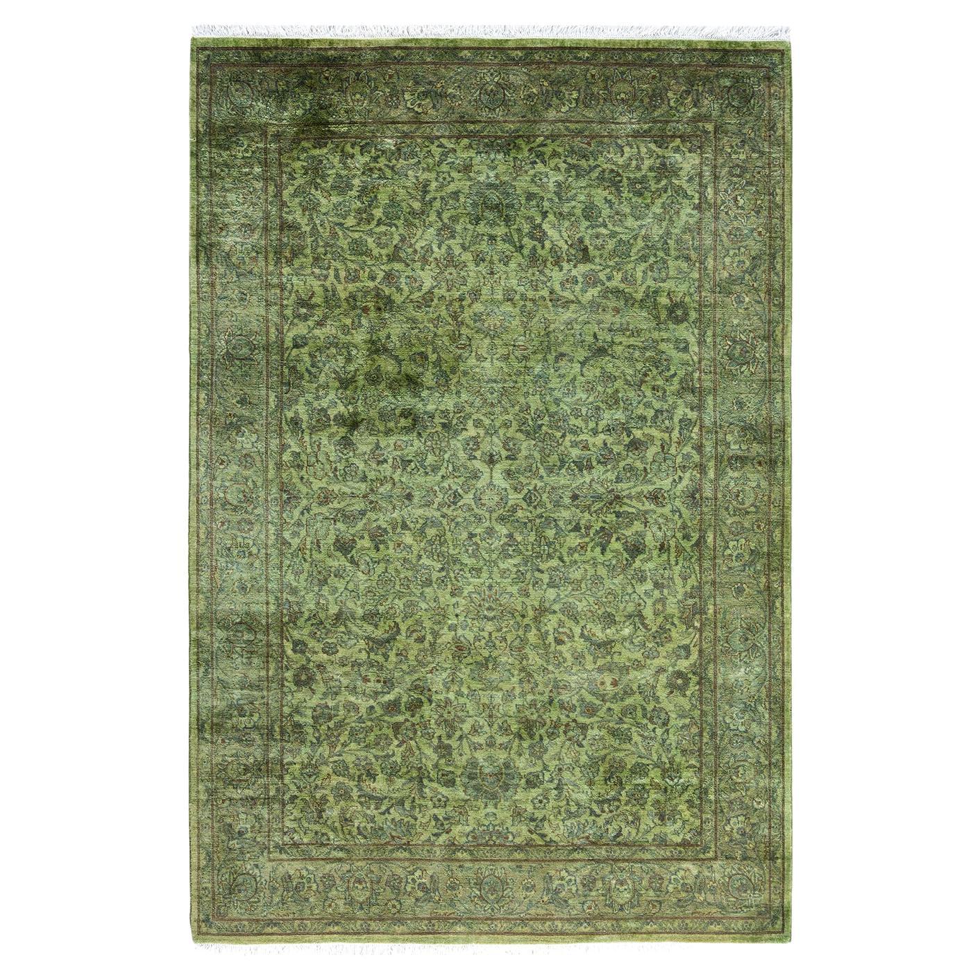 Contemporary Overdyed Hand Knotted Wool Green Area Rug 4' 1" x 6' 3"