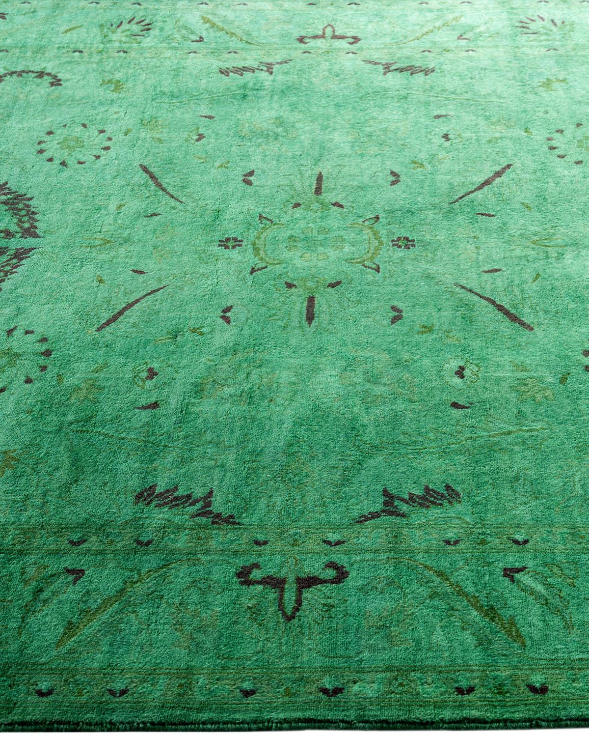 Contemporary Overdyed Hand Knotted Wool Green Area Rug 4' 2