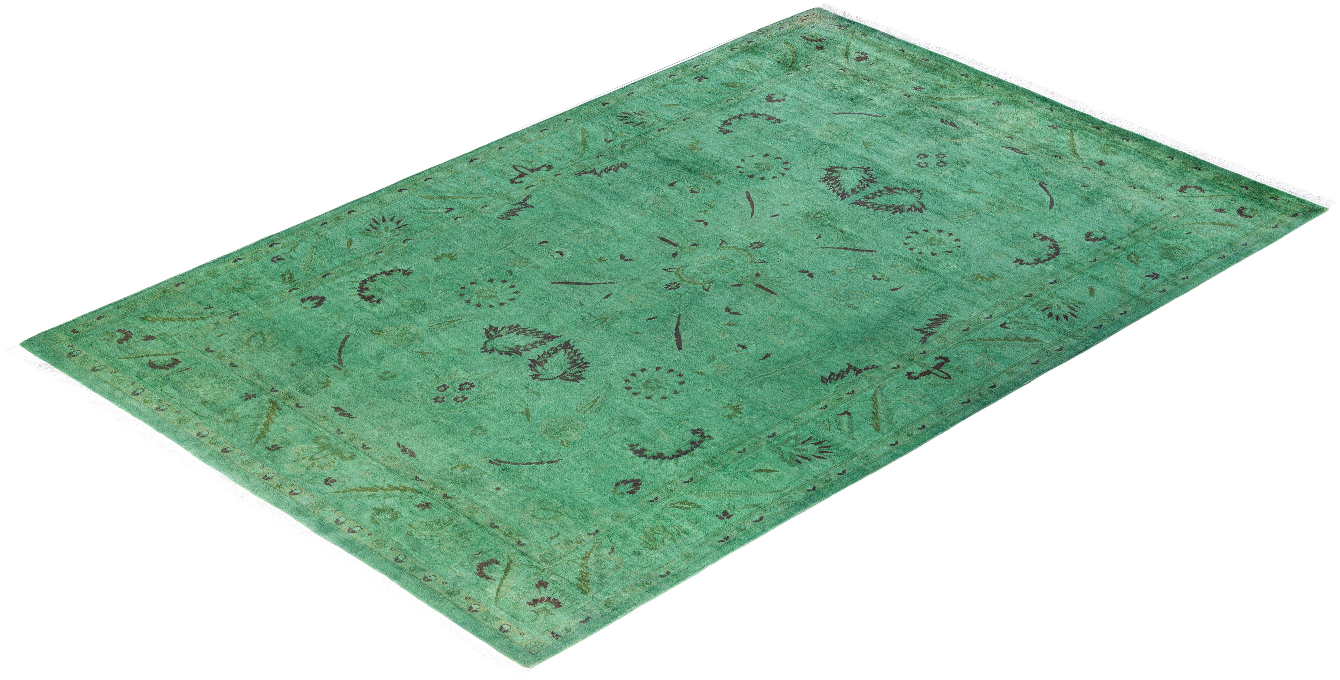 Contemporary Overdyed Hand Knotted Wool Green Area Rug 4' 2