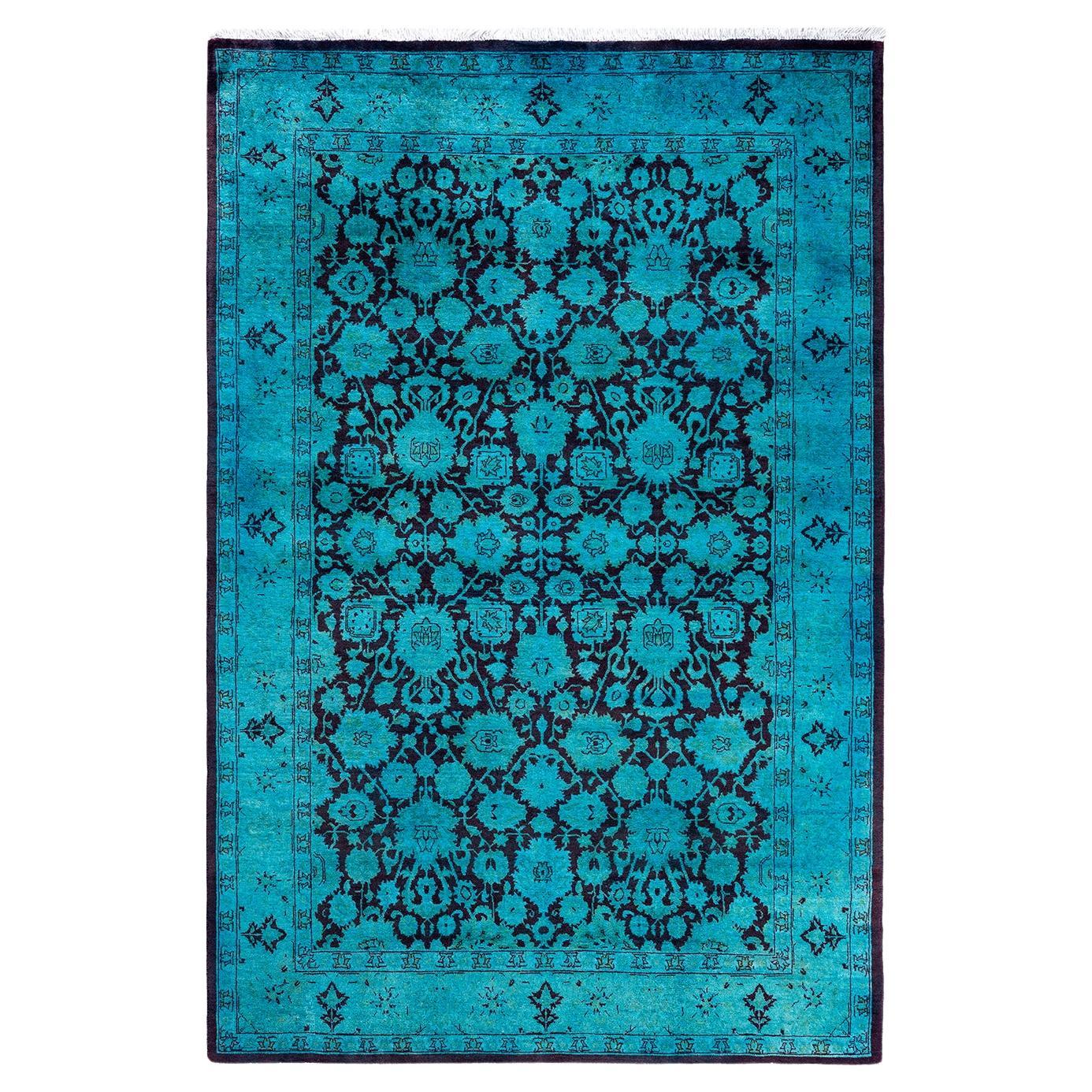 Contemporary Overdyed Hand Knotted Wool Green Area Rug 4' 3" x 6' 4"