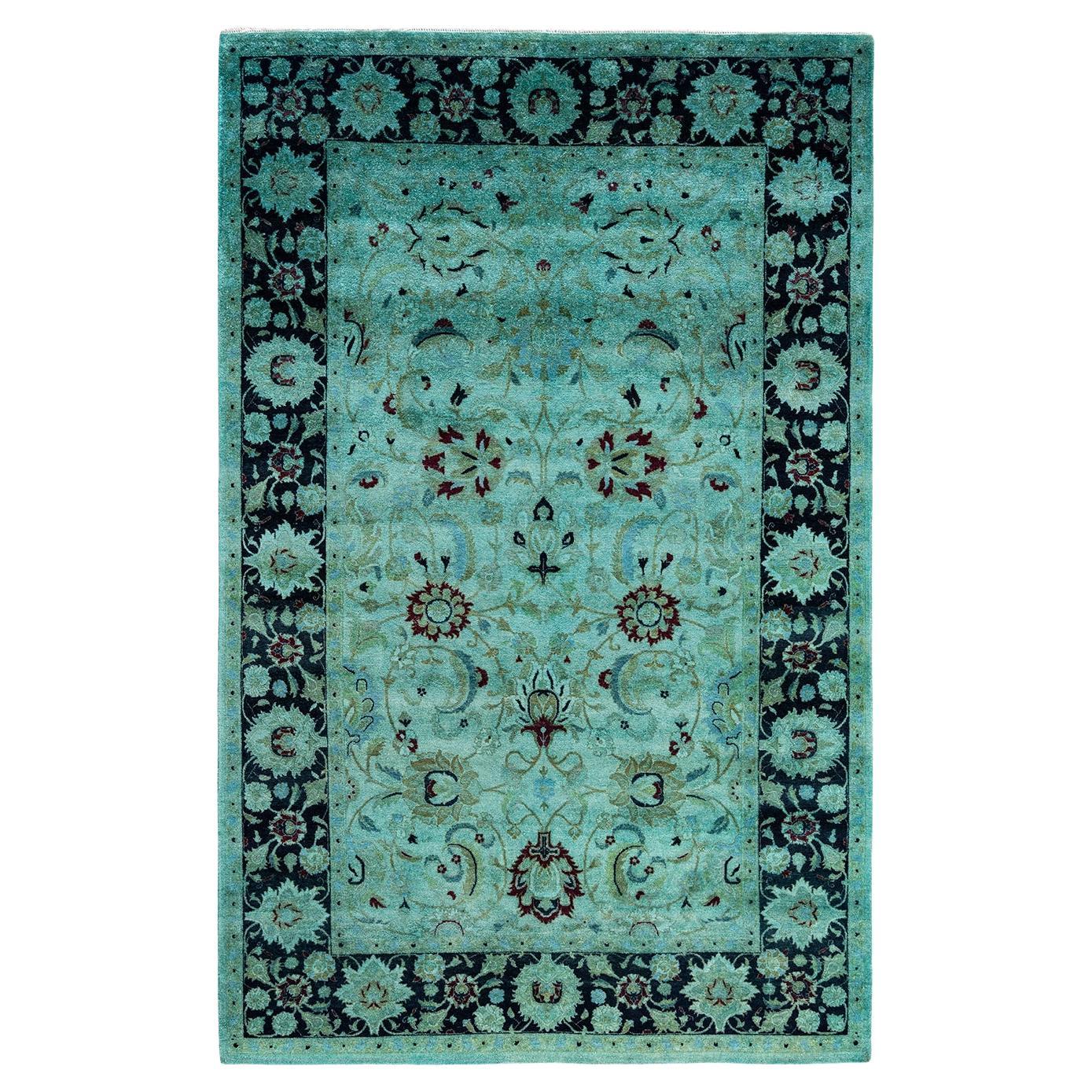 Contemporary Overdyed Hand Knotted Wool Green Area Rug 4' 8" x 7' 5"