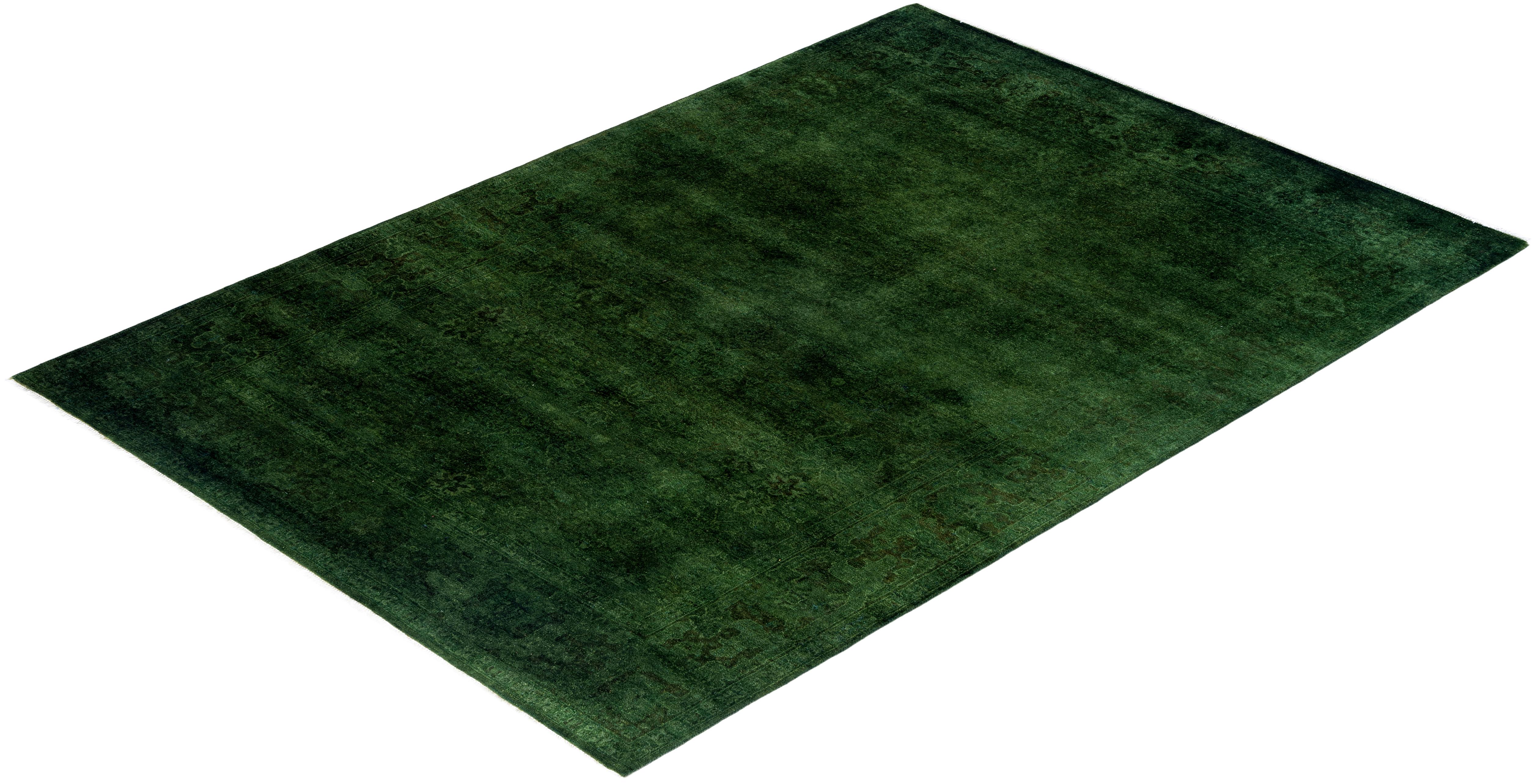 Contemporary Overdyed Hand Knotted Wool Green Area Rug 5' 2