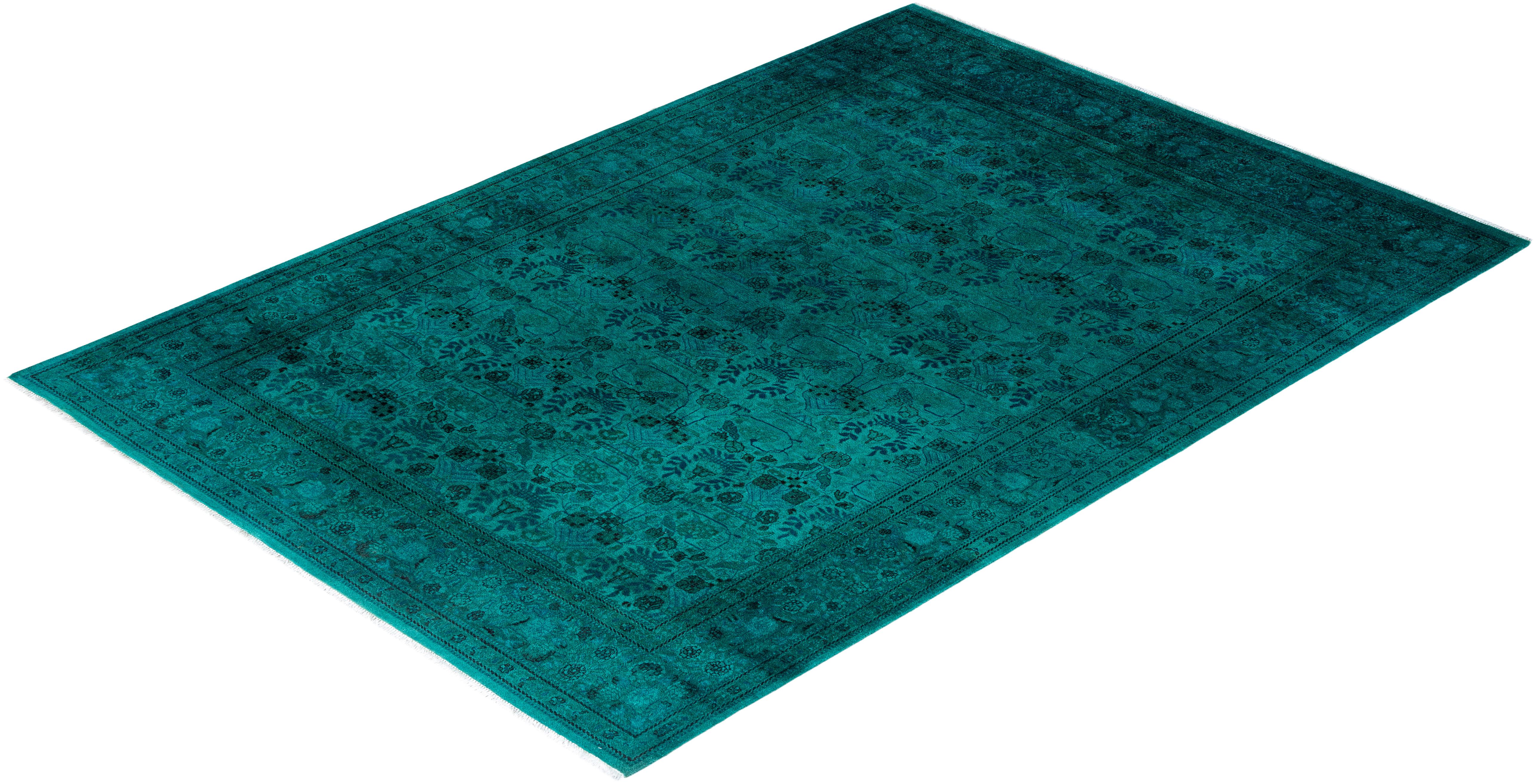 Contemporary Overdyed Hand Knotted Wool Green Area Rug 6' 1