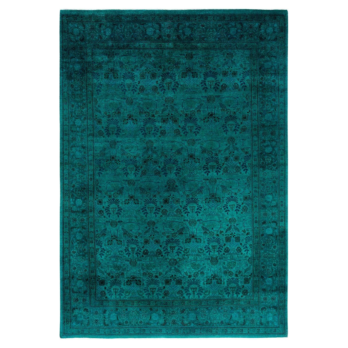 Contemporary Overdyed Hand Knotted Wool Green Area Rug 6' 1" x 8' 7"